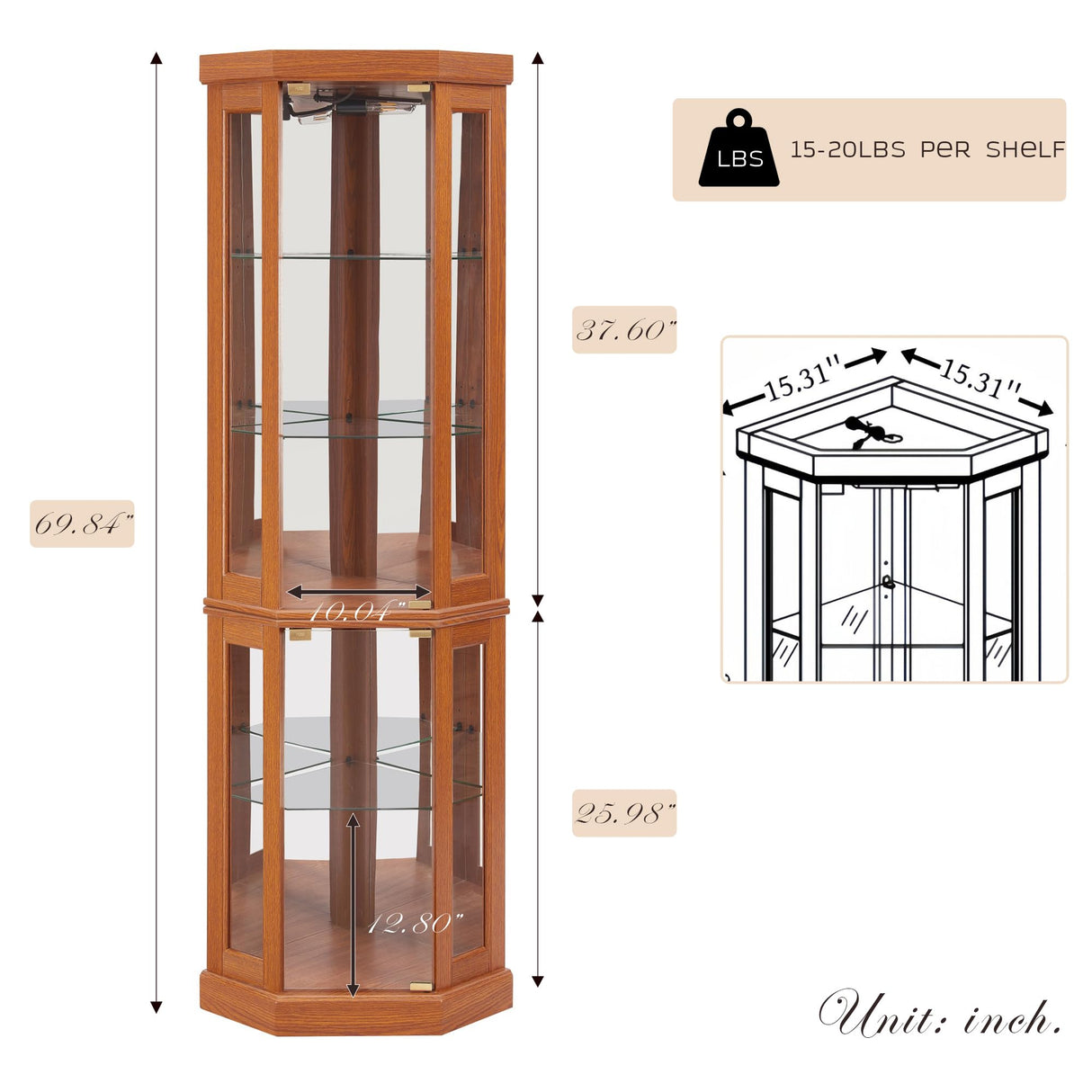 CKEASEAN Corner Curio Cabinet, 70" H Lighted Glass Display Cage with Tempered Glass Doors and Adjustable Shelves, Bulb Inclued, Wine Bar China Cabinet for Living Room Liquor Storage (Dark Oak) CKEASEAN
