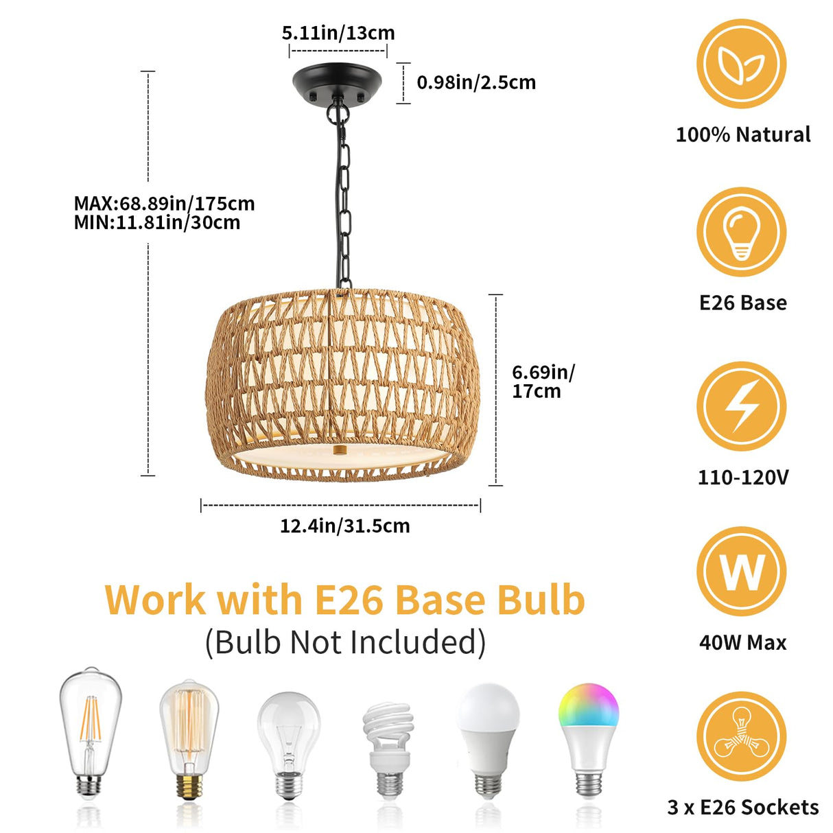 WILON 12.4'' 3-Light Rattan Chandelier with Fabric Shade, Dining Room Light Fixtures Over Table, Modern Boho Pendant Lights Kitchen Island Lighting, Farmhouse Rustic Drum Hanging Lamp with E26 Base WILON