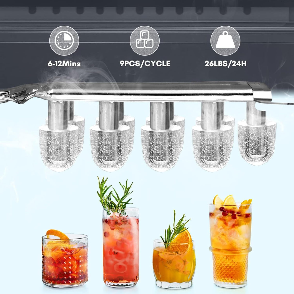 ZAFRO Countertop Ice Maker,Portable Ice Machine with Carry Handle,Self-Cleaning,Basket and Scoop,9 Cubes in 6 Mins,26.5lbs/24Hrs,2 Sizes of Bullet Ice,for Home,Kitchen,Party,Black ZAFRO