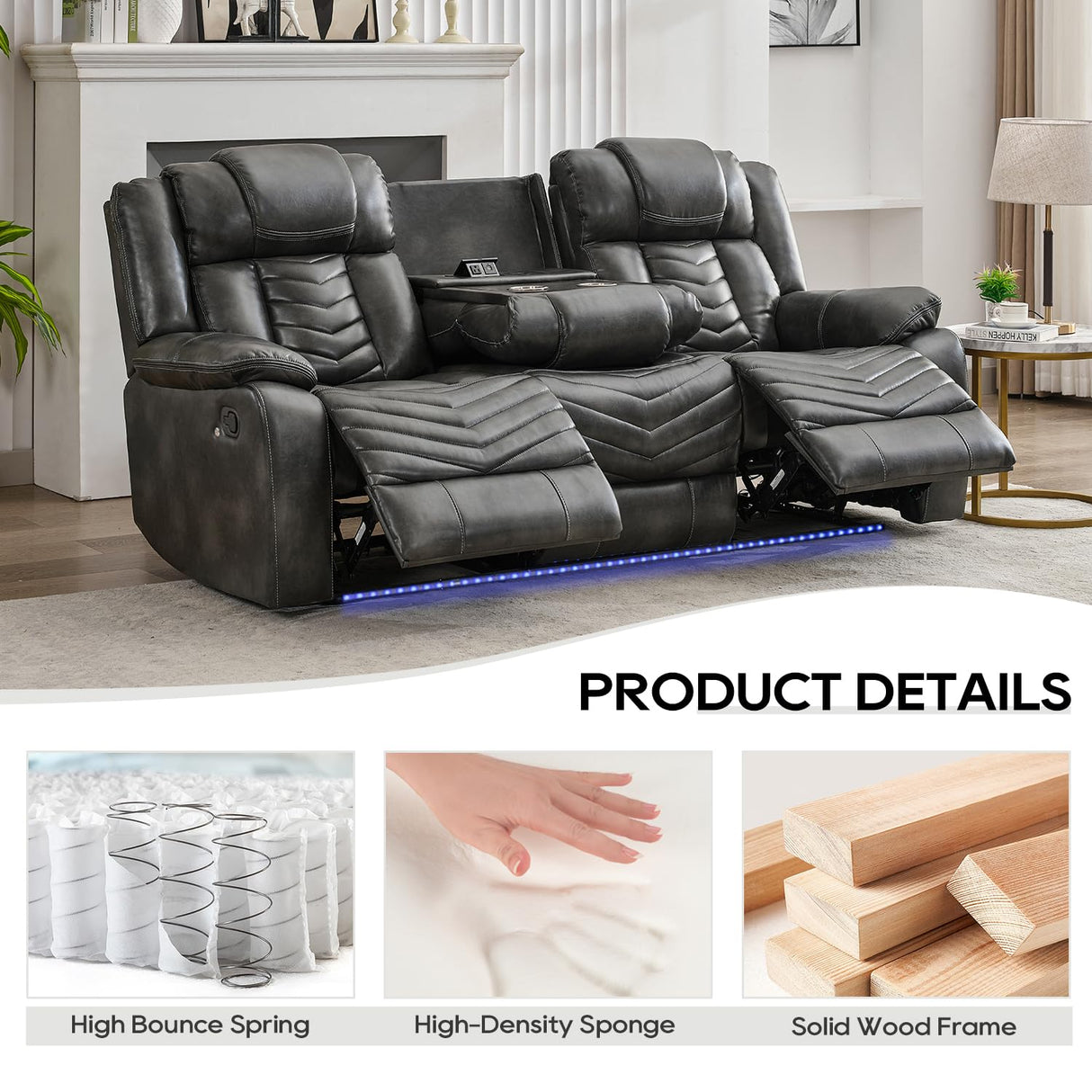 Manual Recliner Sofa Set with Wireless Charger for Living Room, Leather 3 Seater Reclining Sofa and Loveseat Seating Couch with Bass Speakers, LED Lights,Home Theater Love seat Sets with Console, Grey Comfort Stretch