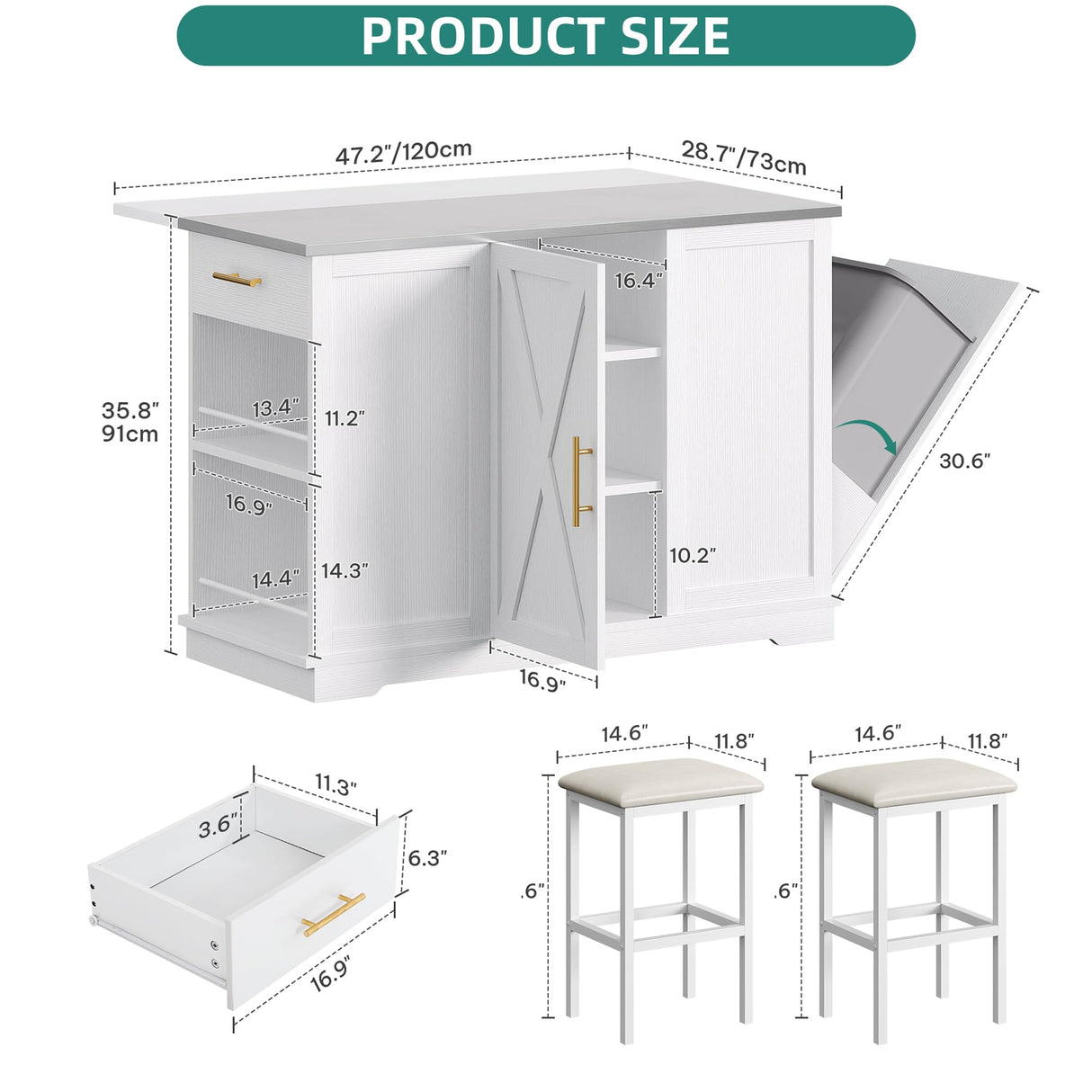 YITAHOME Kitchen Islands with Seating, 47" Mobile Storage Island with Trash Can, Rolling Kitchen Island Cart with Drop Leaf & Stainless Steel Countertop, Bar Table with 2 Stools, Spice Rack, White YITAHOME