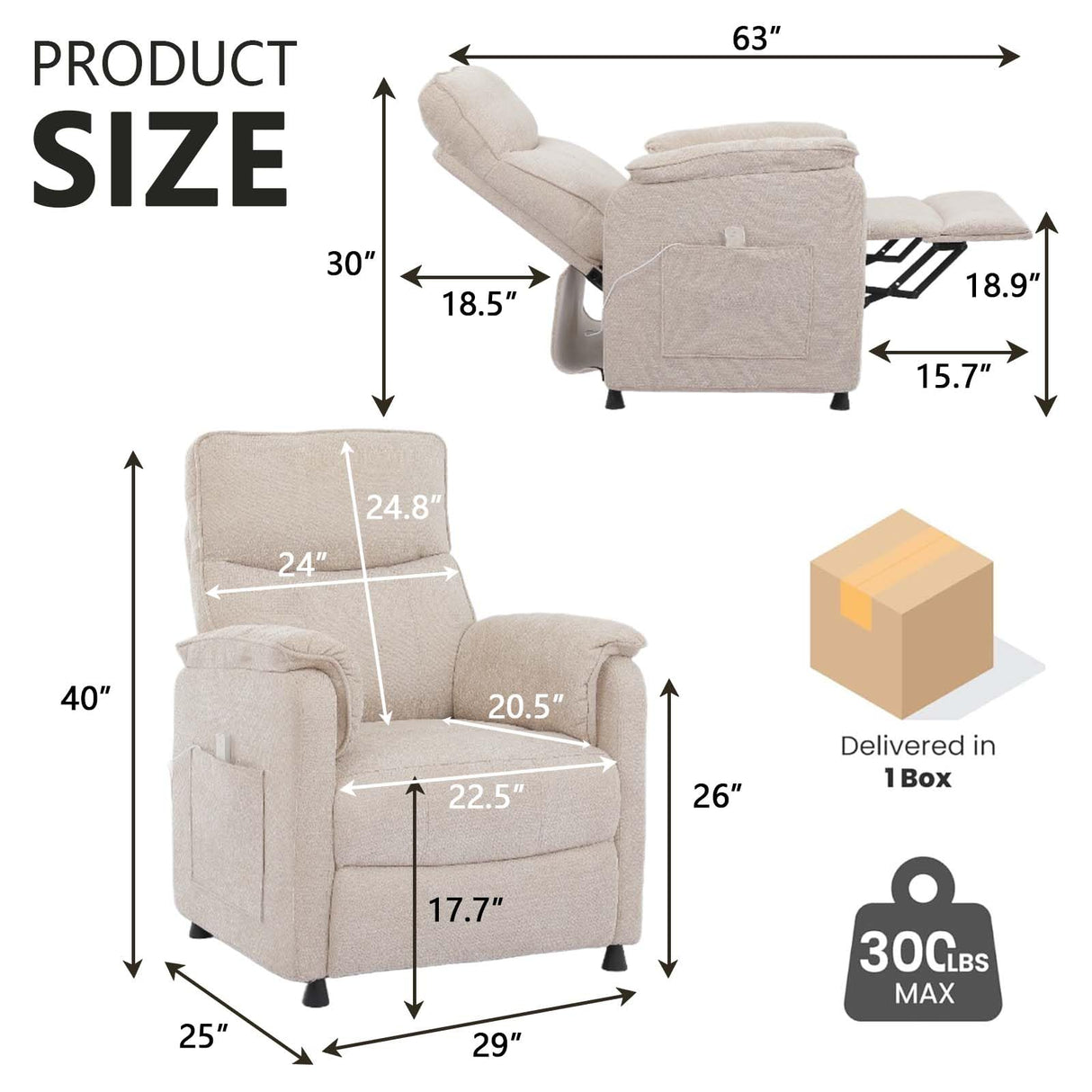 Small Recliners for Small Spaces, Adjustable Electric Recliner Chairs for Adults, Ultra-Comfy Chenille Power Recliner Chair w/Side Pockets & Remote for Nursery, Living Room, Bedroom (Beige) MWrouqfur