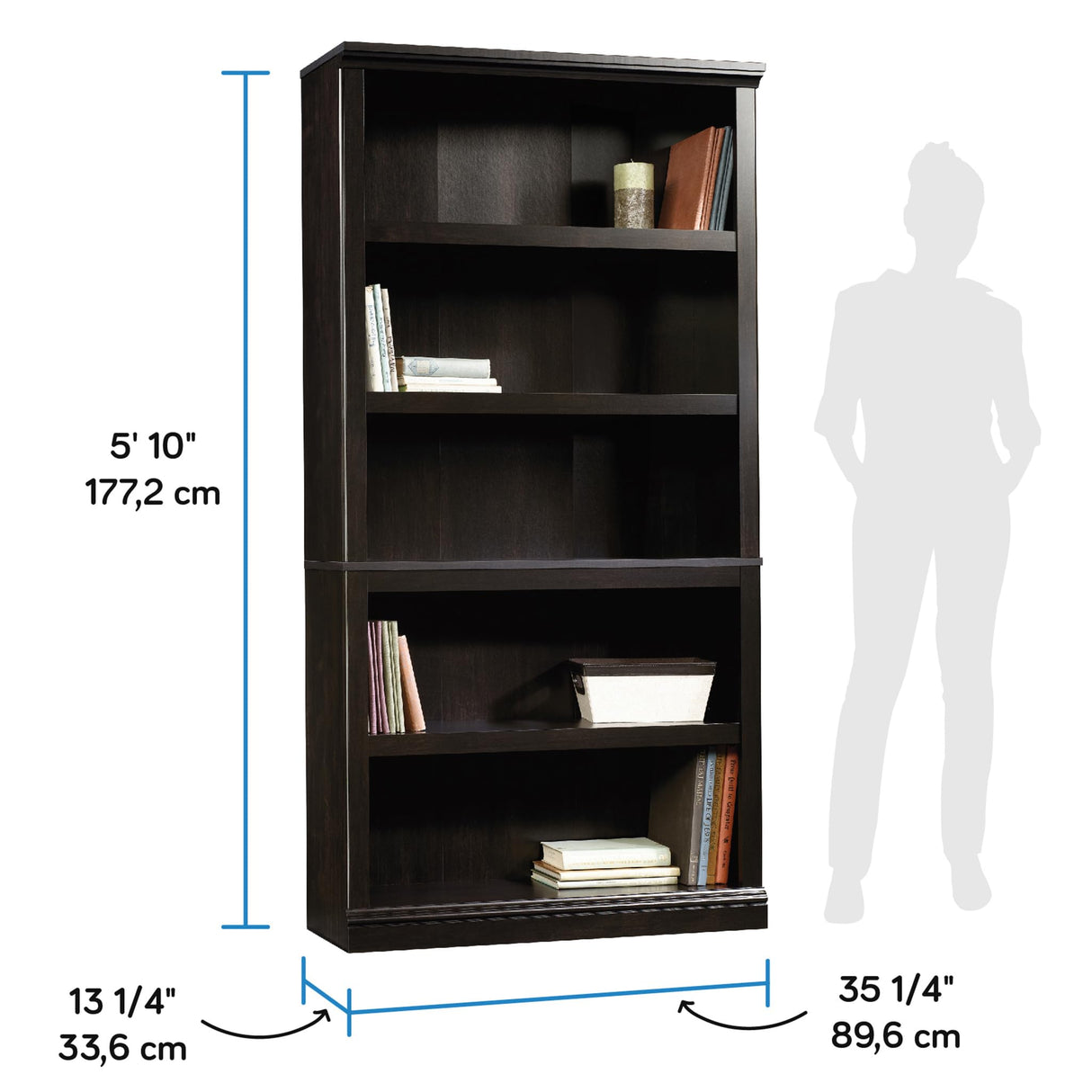 Sauder Miscellaneous Storage 5 Bookcase/book shelf, L: 35.28" x W: 13.23" x H: 69.76", Estate Black Sauder