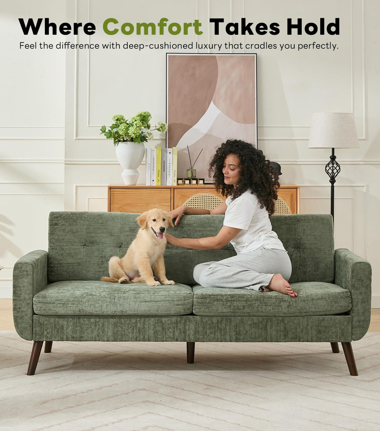 Tbfit 77.2" W Linen Sofa Couch, Mid Century Modern Decor Loveseat Couches for Living Room, Button Tufted Upholstered Small Couch for Bedroom, Solid, and Easy to Install Love Seats Furniture, Green Tbfit