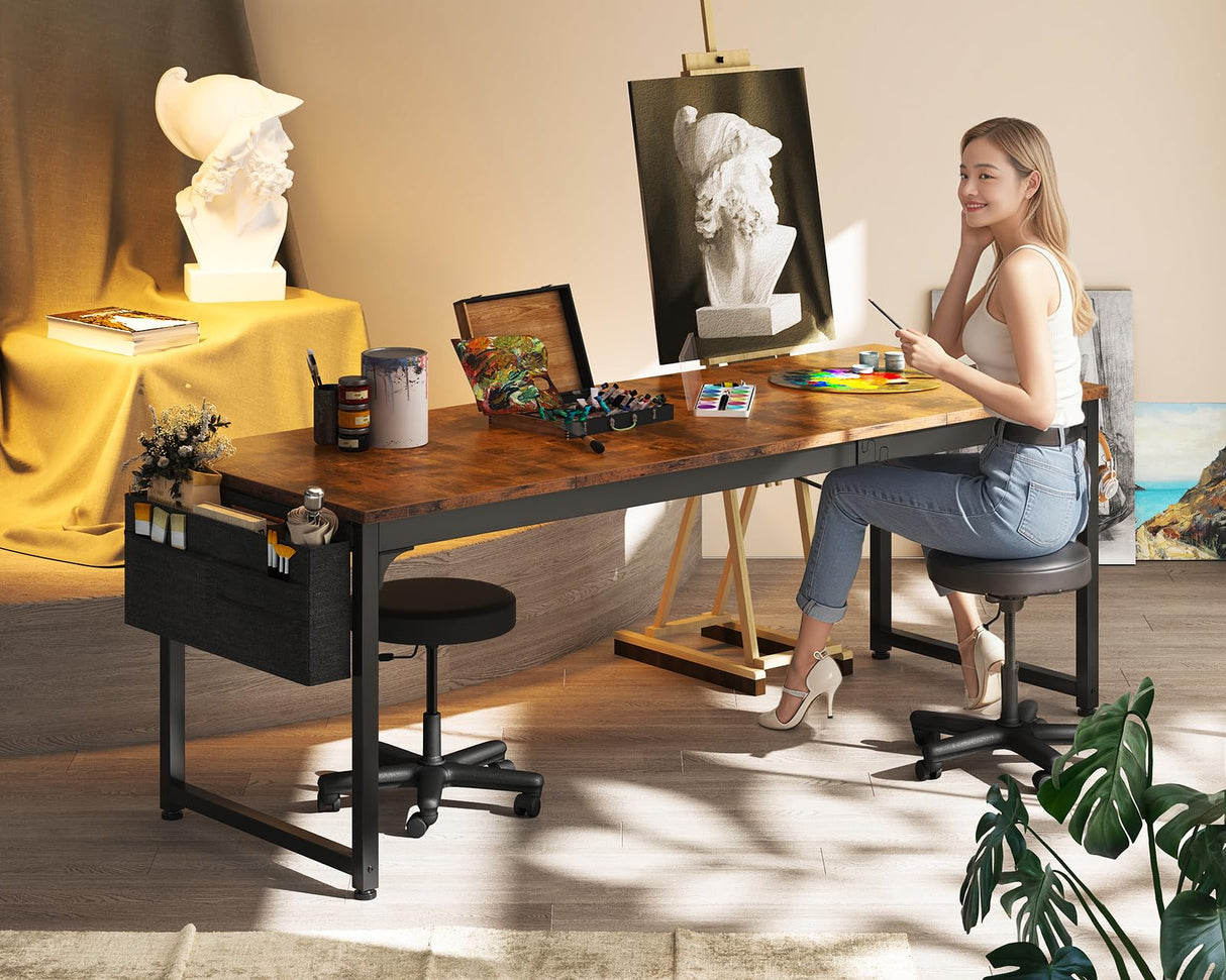 ODK 71 Inch Large Computer Desk Home Office Desk, Long Modern PC Desk Work Table with Headphone Hook & Fabric Bag for Storage, Spliced Board, Rustic Brown ODK