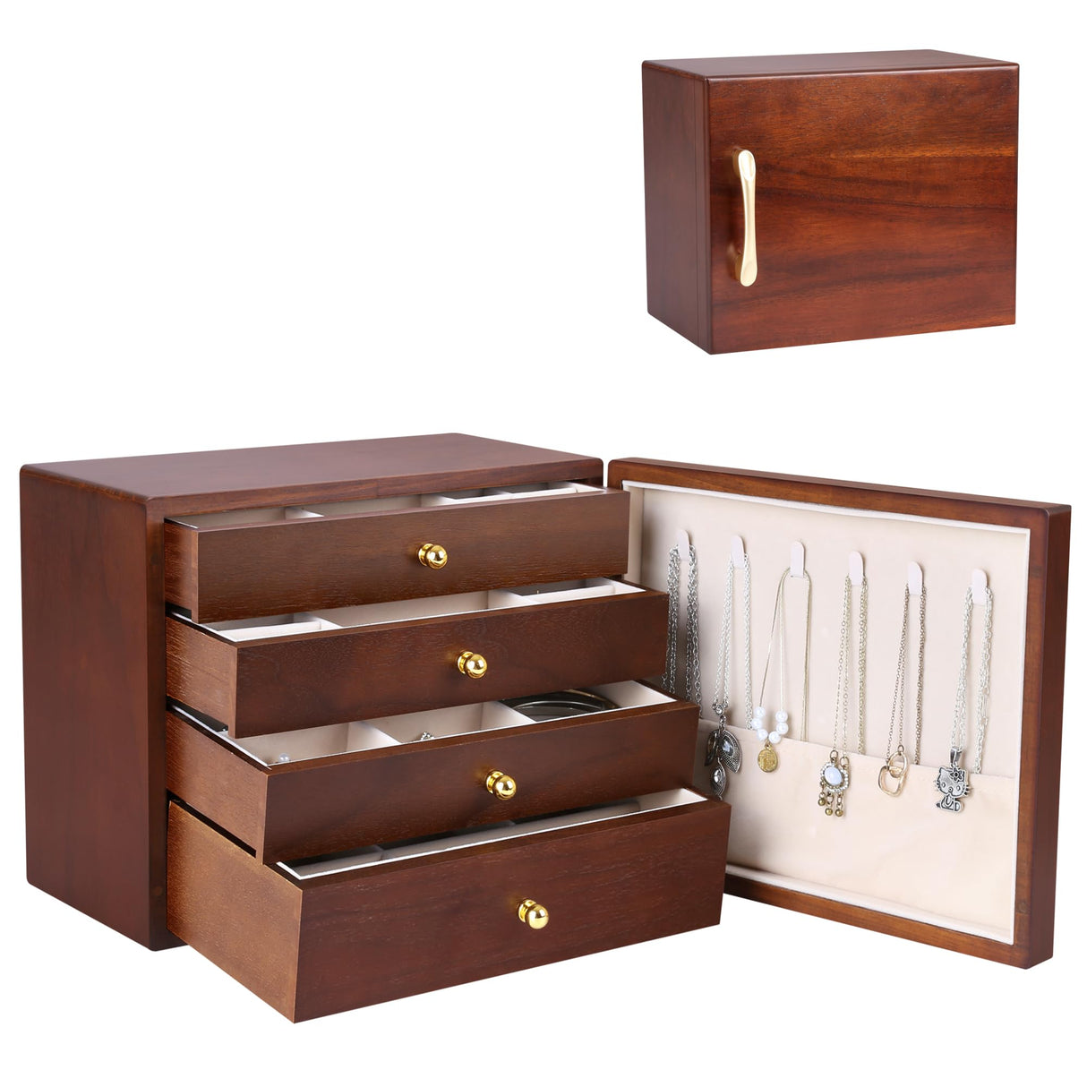 Kendal Wooden Jewelry Box for Women, Wooden Jewelry Organizer, 4-Layer Jewelry Organizer Box with Side Door, Single Door Jewelry Holder Organizer for Earrings, Necklaces, Rings Kendal