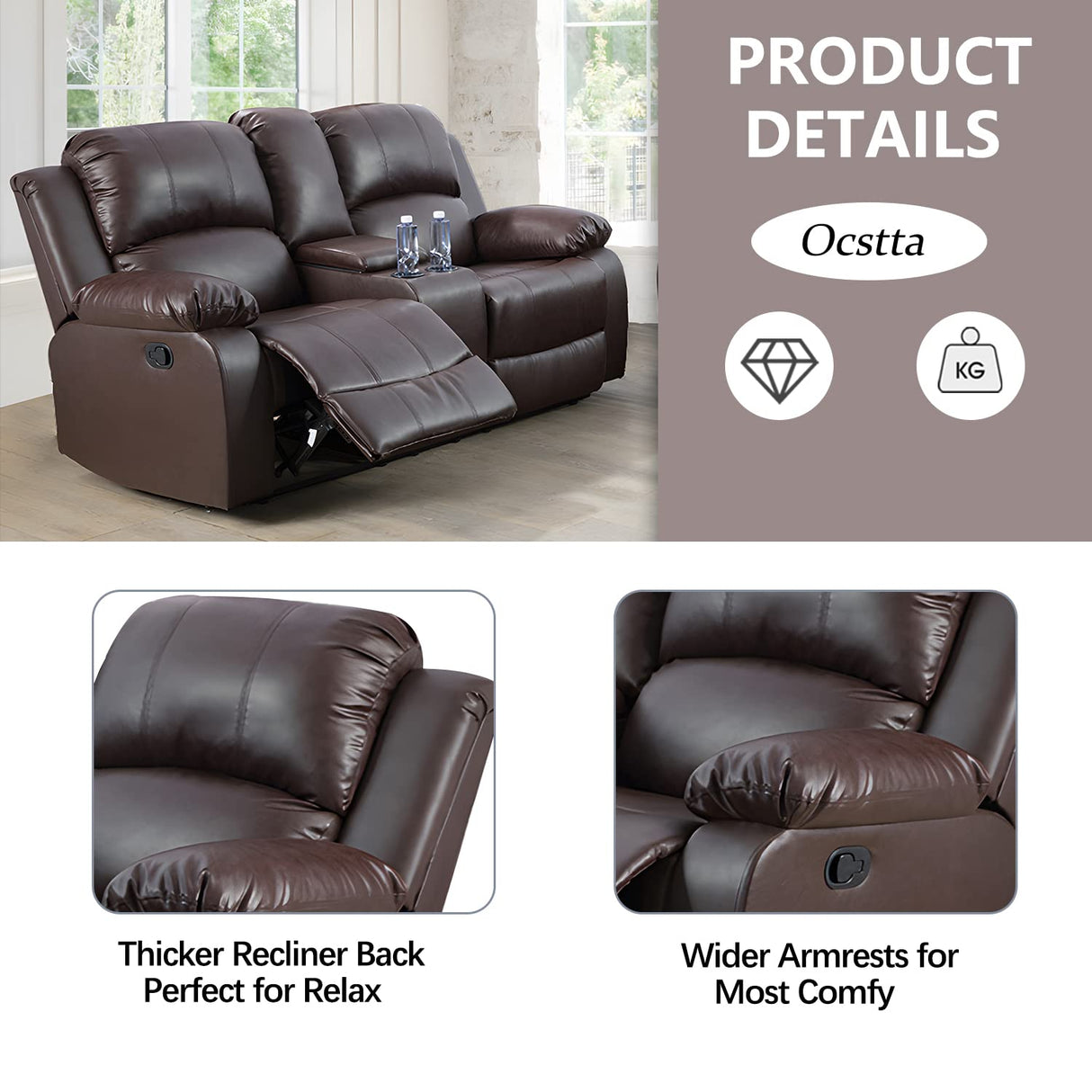Ocstta Manual Leather Recliner Sofa Set for Living Room Furniture Set,Leather Recliner Couch Set for Home/Office,Leather Reclining Sofa Set for 3-Pieces(Sofa+Loveseat+Chair) Brown Ocstta