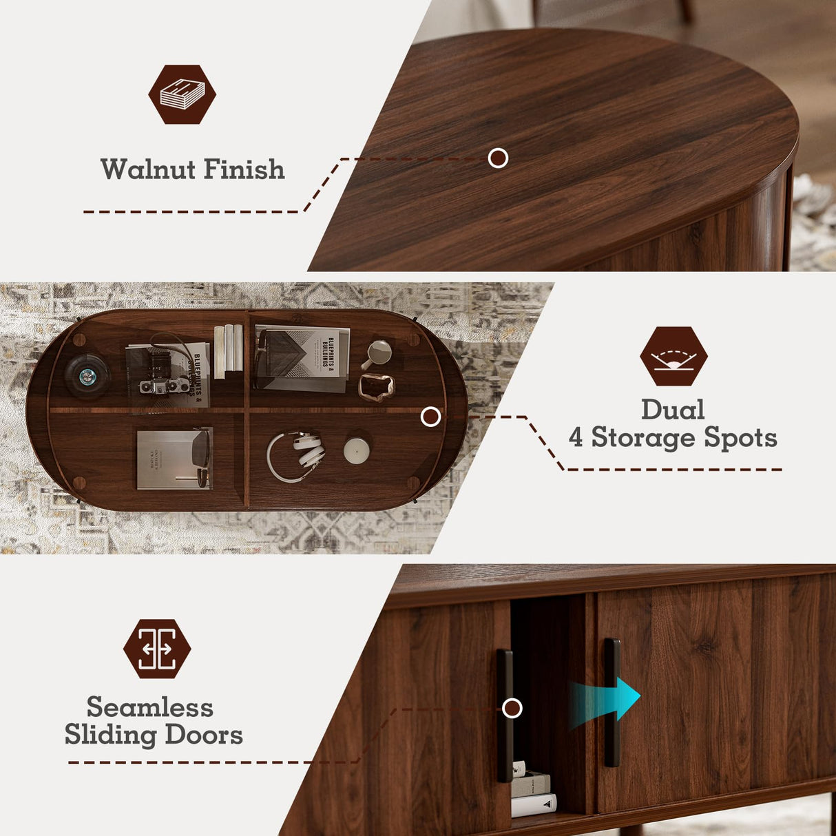 ZttRiee Coffee Table for Living Room, Modern Oval Coffee Table with Cabinets & Sliding Doors, Home Small Space, 47.2" Fluted Center Table, Walnut ZttRiee