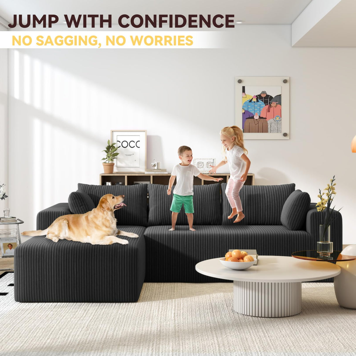 Mvpipi Boneless Couches for Living Room, L-Shaped Cloud Couch with Oversized Chaise, Modular Sectional Couch w/Deep Seat, Corduroy Comfy Sofa, No Assembly Couches for Bedroom & Apartment, Black Mvpipi