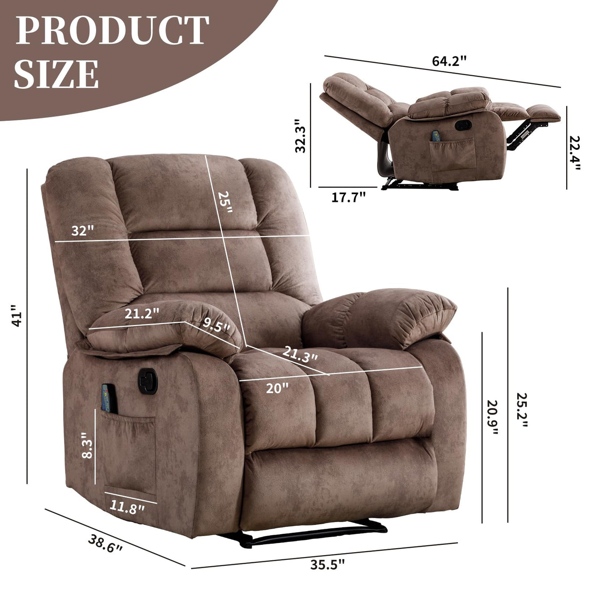 IOMOR Massage Recliner Chair with Heat and Massage, Soft Fabric Ergonomic Manual Reclining Chairs, Heavy Duty Reclining Sofa Chair with Side Pockets for Living Room (Tan) IOMOR