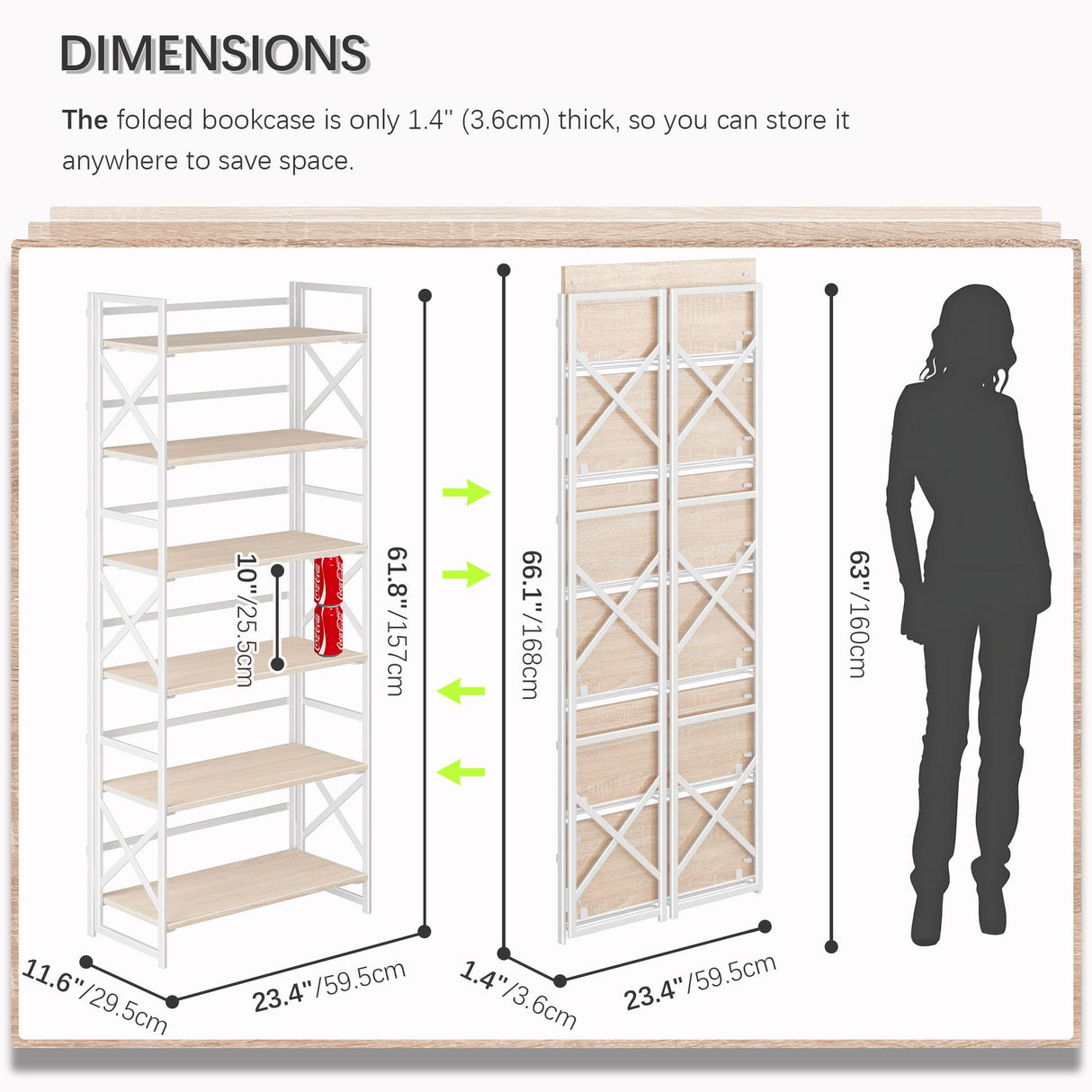 4NM 6 Tiers No Assembly Book Shelves, 61.8" H Folding Bookshelf Bookcase Open Industrial Foldable Shelves for Bedroom, Living Room, Home Office - Natural White
