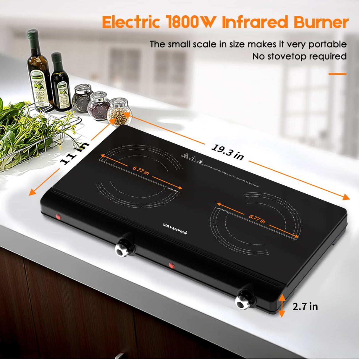 Electric Hot Plate for Cooking, Infrared Double Burner,Electric Cooktop 2 Burner,1800W Portable Electric Stove,Heat-up In Seconds,Countertop Cooktop for Dorm,Compatible with All Cookware Vayepro