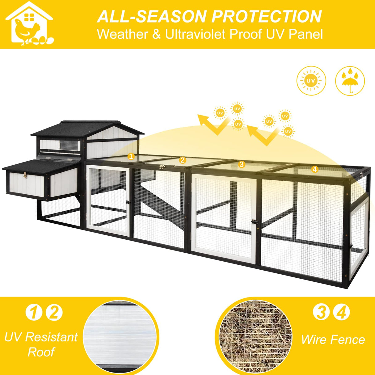 Ketive 116" Large Chicken Coop with Run, Outdoor Wooden Hen House for 3-5 Chickens, Poultry Cage with Nesting Boxes, 4 Perches, Leakproof Pull-Out Tray, Ramp, and Expandable Design for Small Animals ketive