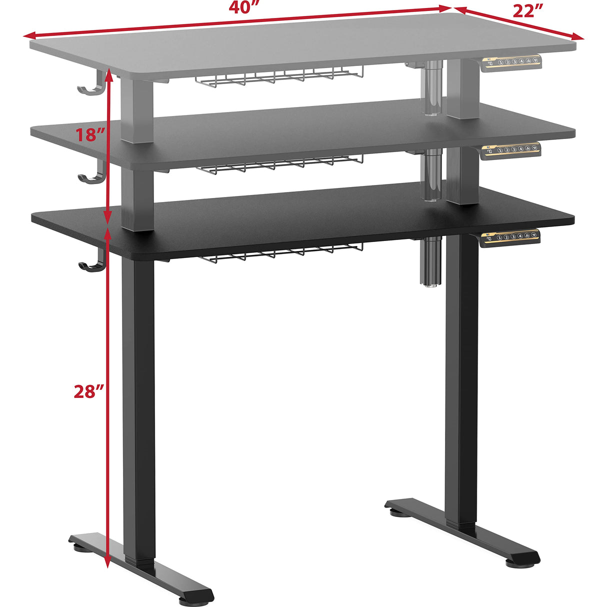 SHW Small Electric Height Adjustable Sit Stand Desk with Hanging Hooks and Cable Management, 40 x 22 Inches, BlackFrame and Black Top SHW