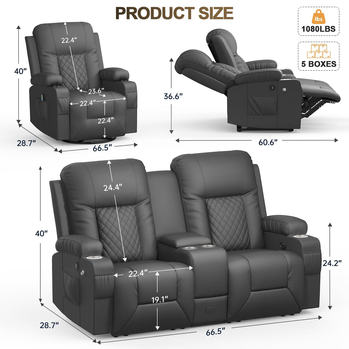 YONISEE Living Room Furniture Set, Loveseat Recliner and 2PC Massage Recliner Chair, Luxury Reclining Sofa 3PC Set for Living Room (2+1+1, Dark Gray) YONISEE