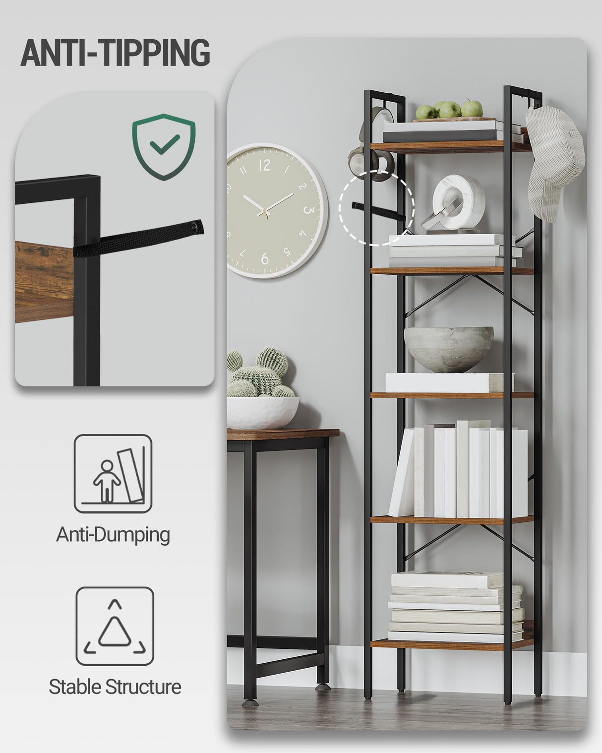 Hzuaneri Bookshelf, Book Shelf, Industrial Bookcase with 2 Hooks, Coner Shelf Storage Organizer for Home Office, Living Room, Bedroom, Kitchen, 5-Tier Rustic Brown BC10501B Hzuaneri