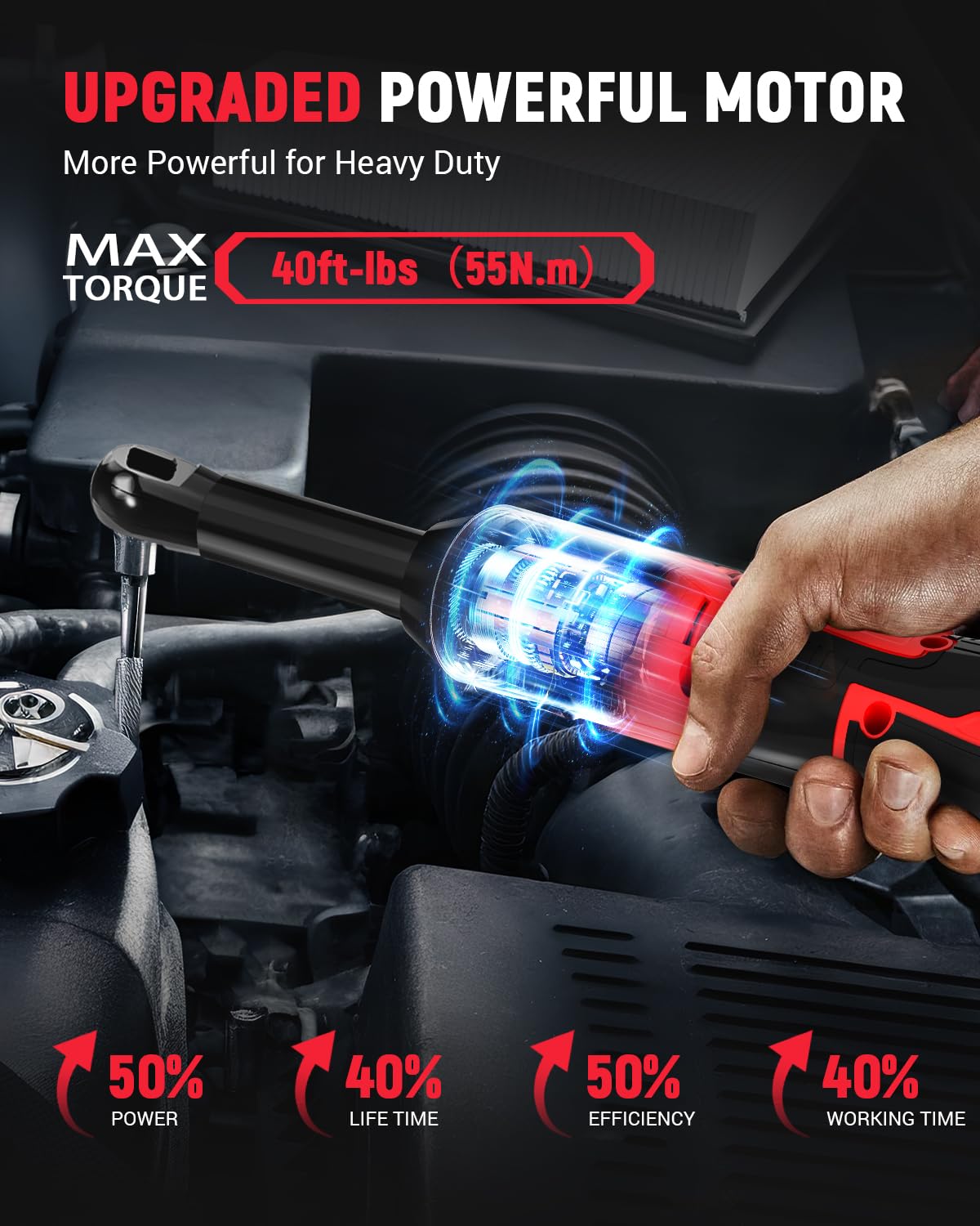 Tarlido 3/8" Electric Ratchet Wrench, 4" Extended 40 Ft-Lbs 400 RPM 12V Cordless Battery Powered Ratchet Wrench Set with LED Light, Including 2 Batteries, 11 Sockets and Fast Charge Tarlido