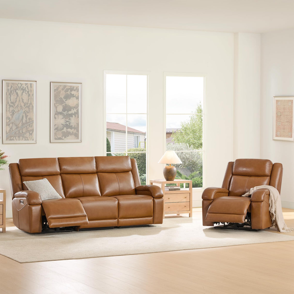 Watson & Whitely Genuine Leather Power Recliner Sofa, 3 Seater Wall Hugger Reclining Sofas with Power Headrest, USB & TypeC Ports, Electric Recliner Couch Set for Living Room, Saddle Brown Watson & Whitely