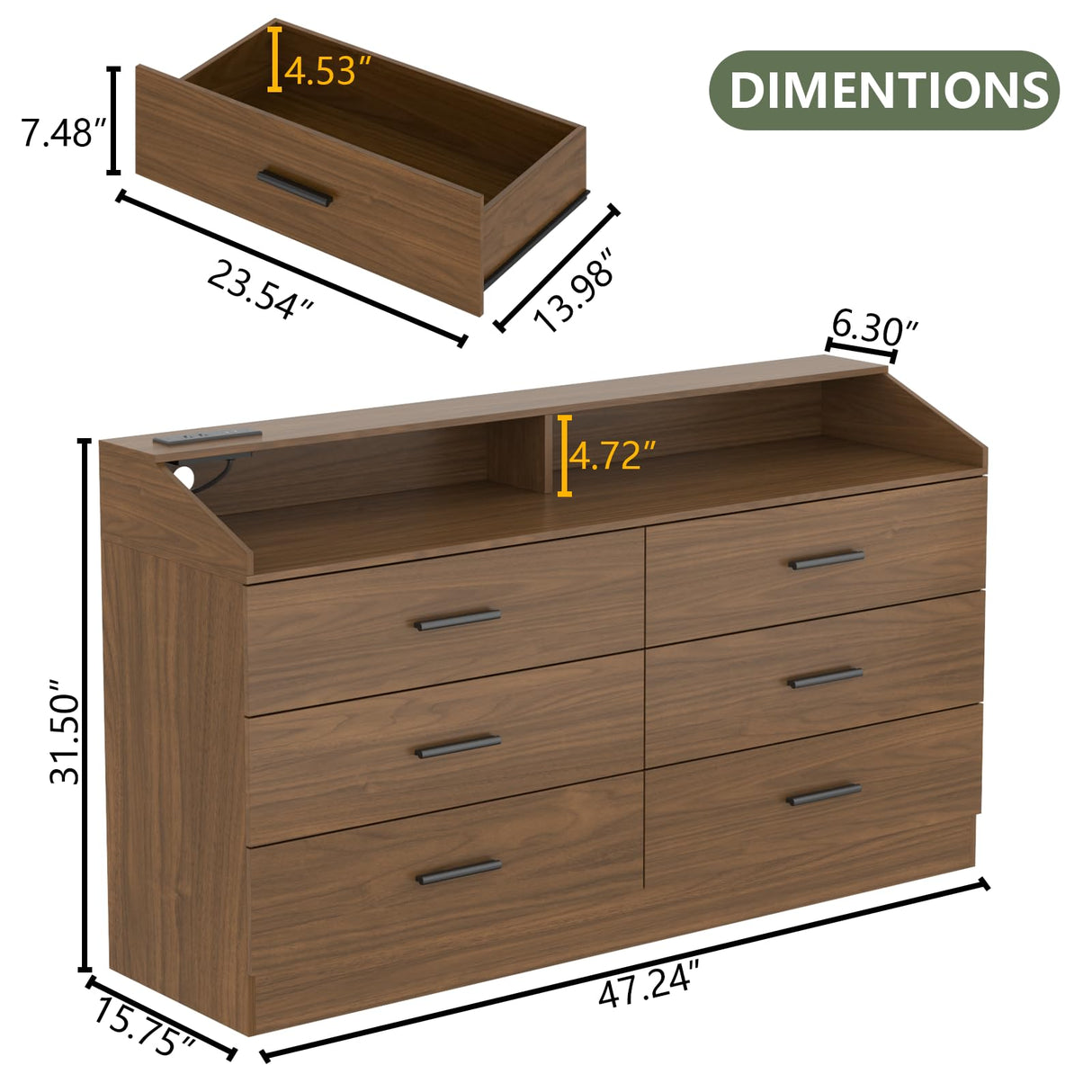 Gyfimoie 6 Drawer Dresser with Power Outlet, Chest of Drawers with LED Light, Modern Dresser with Open Storage Cubby, Double Wide Dressers Organizer for Bedroom, Living Room, Entryway,Hallway Gyfimoie