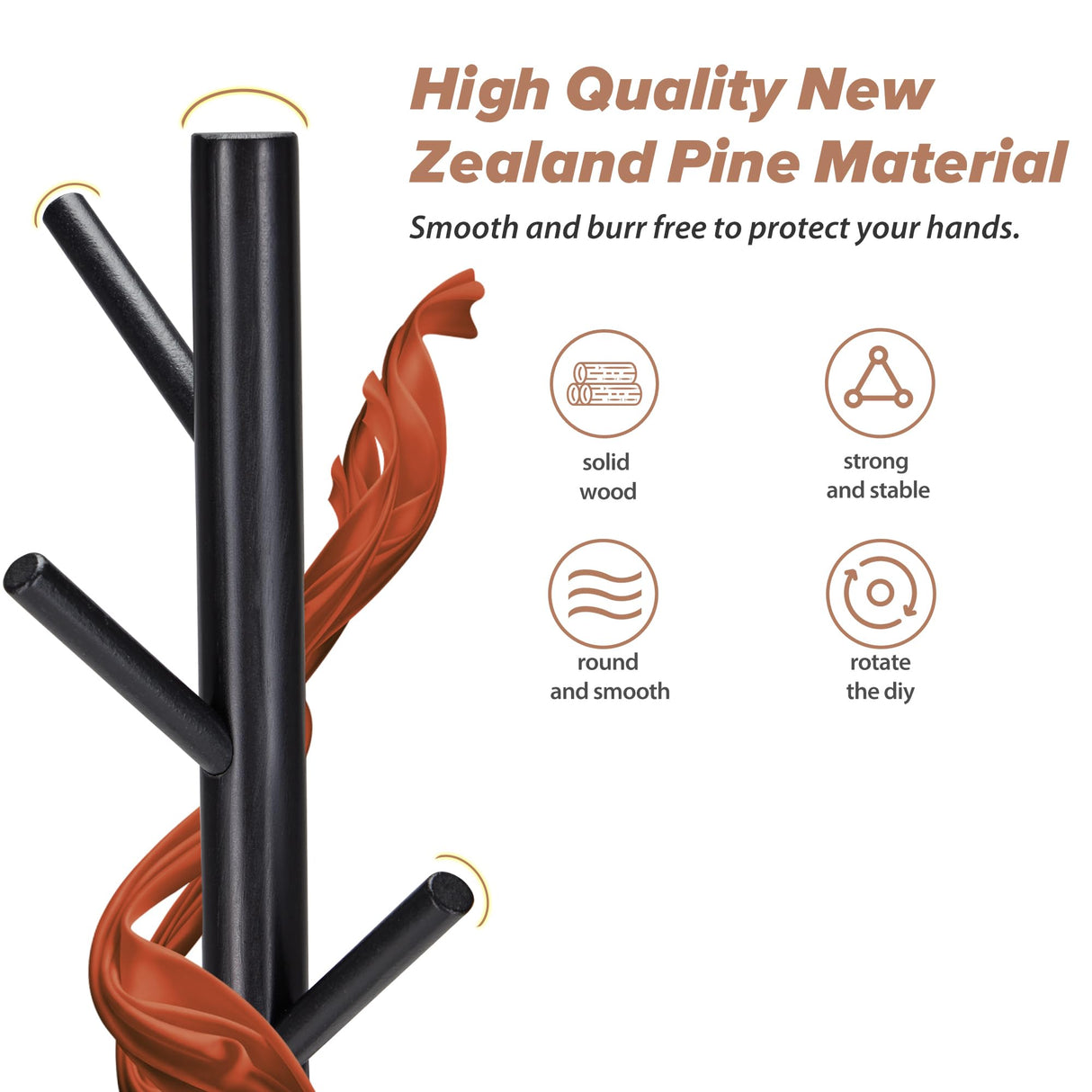 Azaeahom Wooden Coat Rack, Free Standing Coat Rack with 8 Hooks 3 Adjustable Heights for Clothes, Hats, Handbags, Coat Tree Easy Assembly for Entryway, Bedroom, Hallway, Office (New Black) Azaeahom