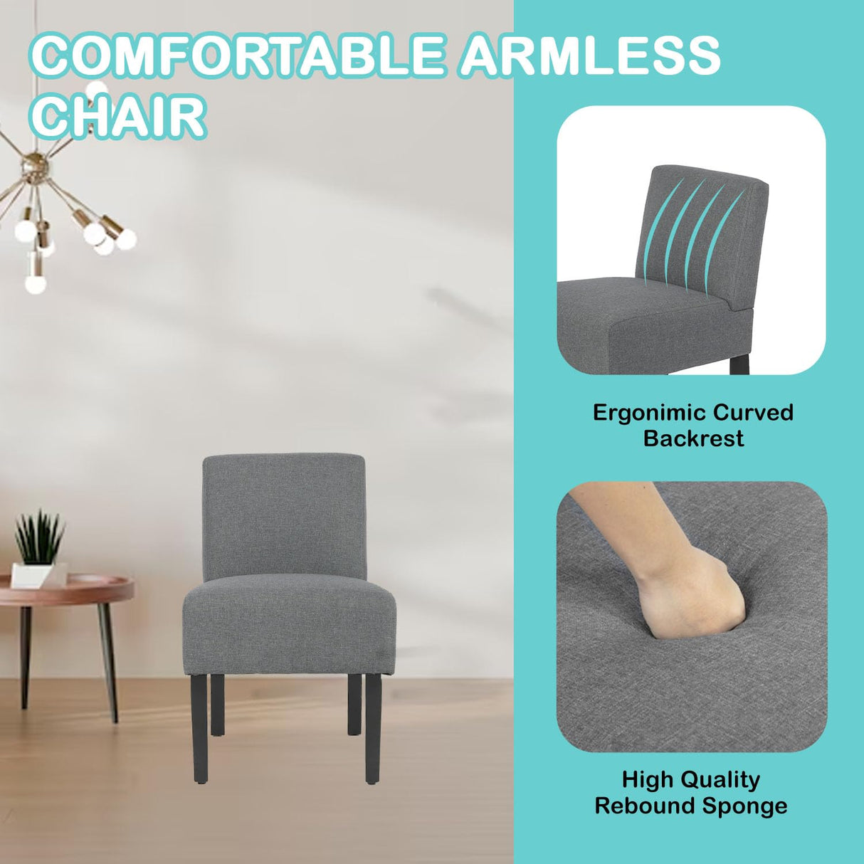 PayLessHere Modern Armless Accent Chairs - Solid Wood Legs, Slipper Chair for Living Room, Grey PayLessHere