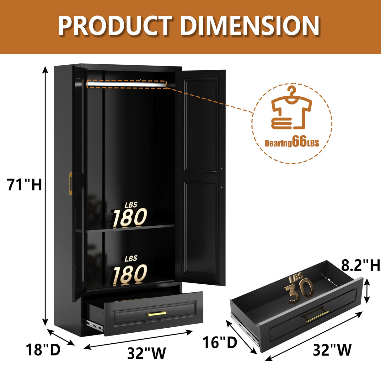 Polup Metal Armoire Wardrobe Closet with Drawer, 71“ Tall Wardrobe with Doors and Shelves, Metal Wardrobes Closet with Hanging Rod, for Bedroom, Black, Assembly Required Polup