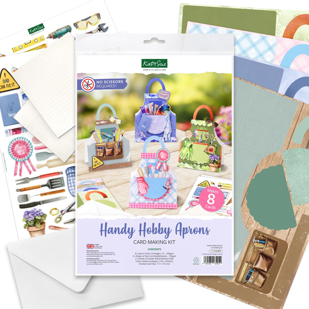 Katy Sue Handy Hobby Aprons Card Making Kit. Contains 8 Shaped Cards, 2 Sheets Die Cut Decoupage, Sticky Foam Pads, Instructions & 8 Envelopes. Apron-Themed Card Making Kits for Adults Katy Sue