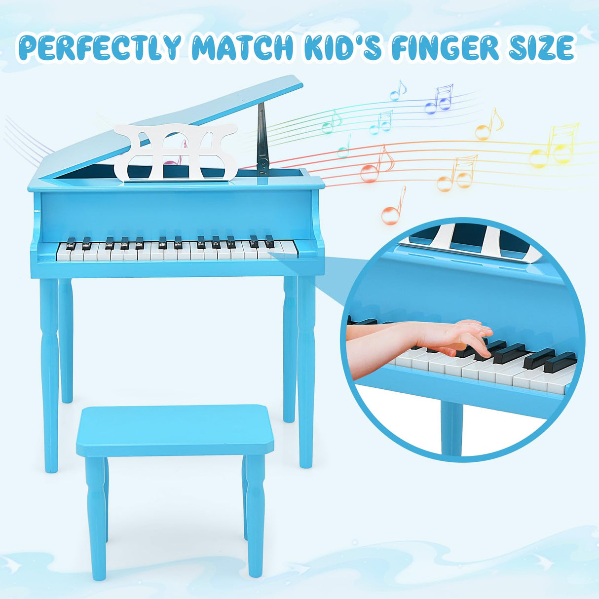 Goplus 30-Key Classical Kids Piano, Mini Grand Piano Wooden Learn-to-Play Musical Instrument Toy with Bench, Piano Lid, Music Rack, Gift for Boys Goplus