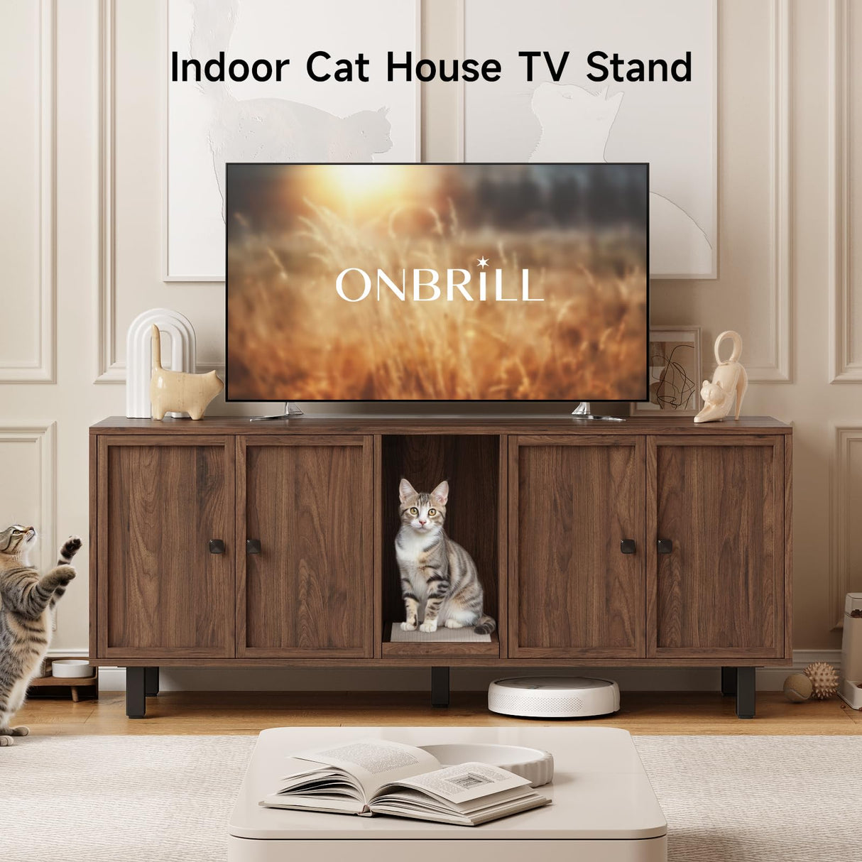 59 Inches Cat Litter Box Enclosure for 2 Cats, Hidden Litter Boxes Furniture with Cat Scratch Pad, Large Indoor Pet House with Double Room, Wooden TV Stand Side Table, Walnut ONBRILL
