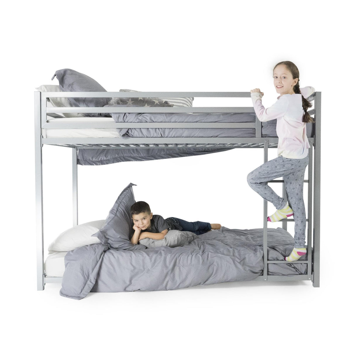 DHP Miles Low Metal Bunk Bed Frame for Kids, With Built-in Ladder, High Guardrail and Metal Slats, Floor Bed Bottom Bunk, No Boxspring Required, For Small Spaces, Twin-Over-Twin, Black DHP