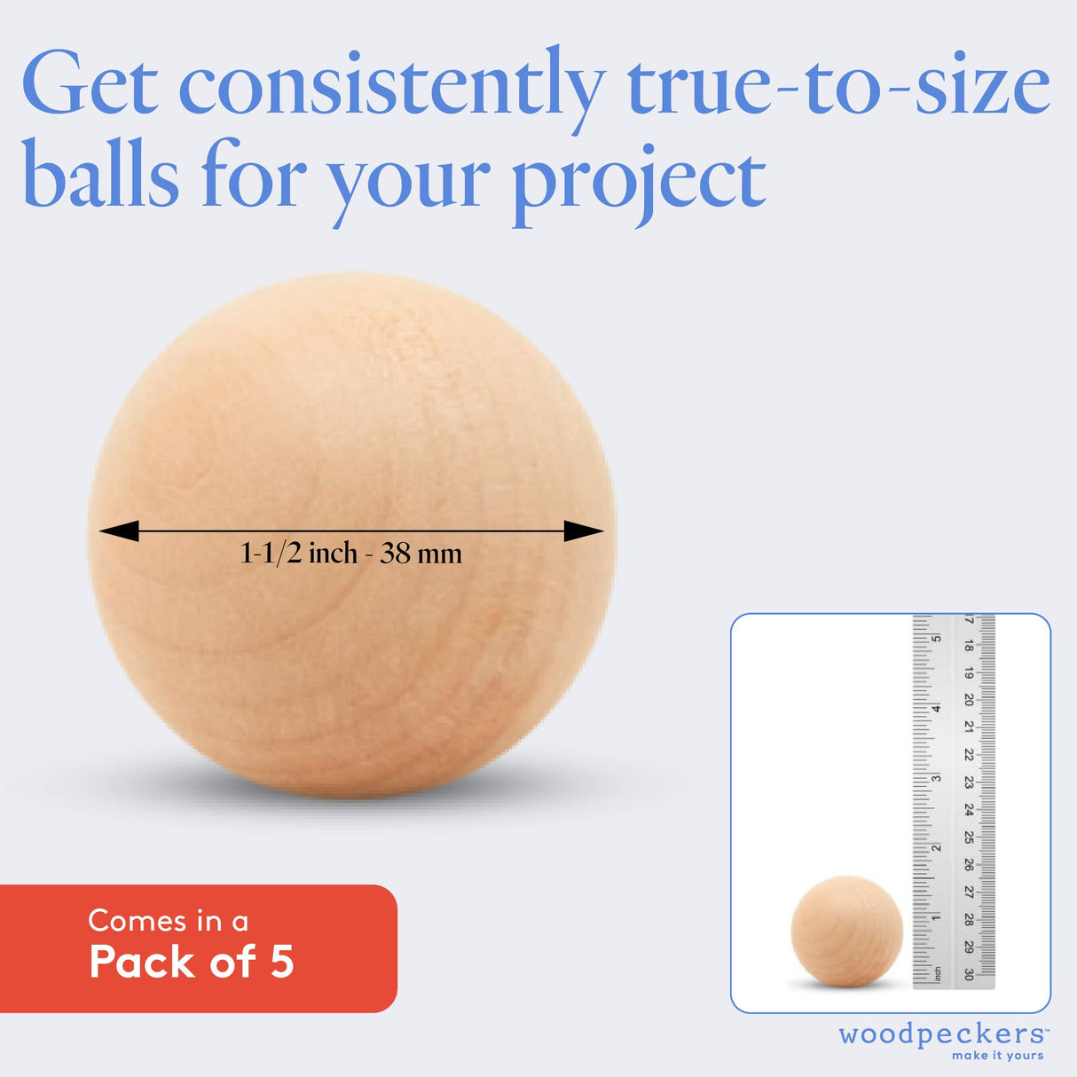 1-1/2 inch Wooden Round Balls, Bag of 5 Unfinished Wood Round Balls, Hardwood Birch Sphere Orbs for Crafts and DIY Projects, Woodworking (1-1/2 inch Diameter) by Woodpeckers Woodpeckers