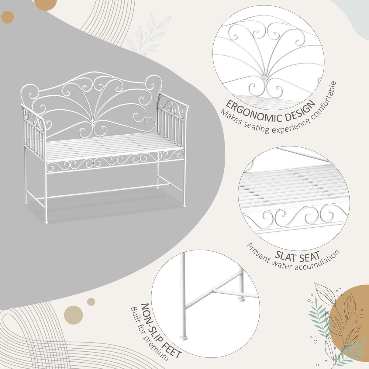 Outsunny 43" Garden Bench, Outdoor Patio Bench with Armrests, Metal Porch Bench for Backyard, Poolside, Lawn, Cream White Outsunny