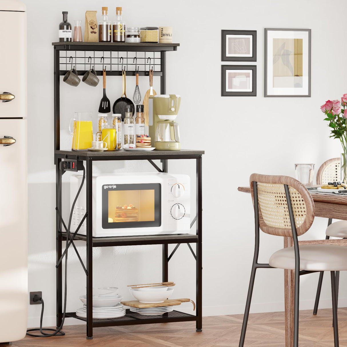 Furologee 4-Tier Kitchen Bakers Rack with Power Outlet & Storage – Black Oak Microwave Stand with S Hooks Furologee