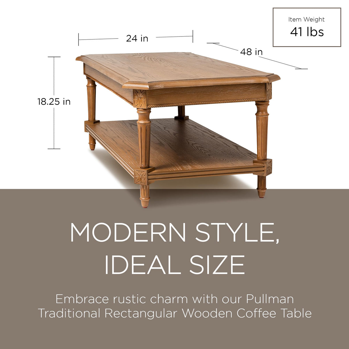 Maven Lane Pullman Large 2 Tier Traditional Rectangular Wooden Center Coffee Table with Shelf Storage in Rustic Antiqued Natural Finish Maven Lane