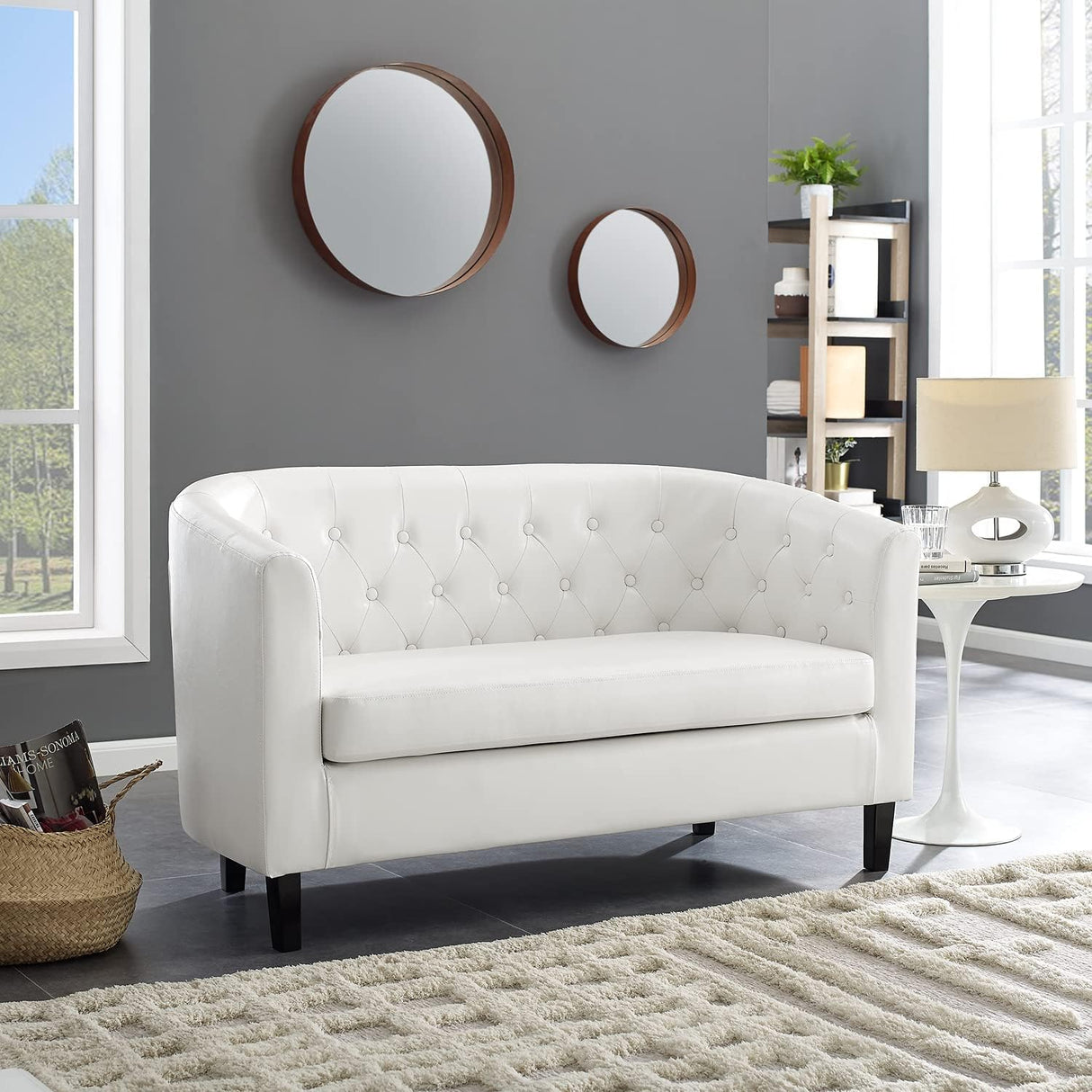Emma Loveseat, Button Tufted Faux Leather Barrel Loveseat, Midcentury Modern 2 Seater Sofa Couch, Small Loveseat for Small Spaces, Bedrooms, Couches for Living Room, Easy Tool-Free Assembly - White Naomi Home