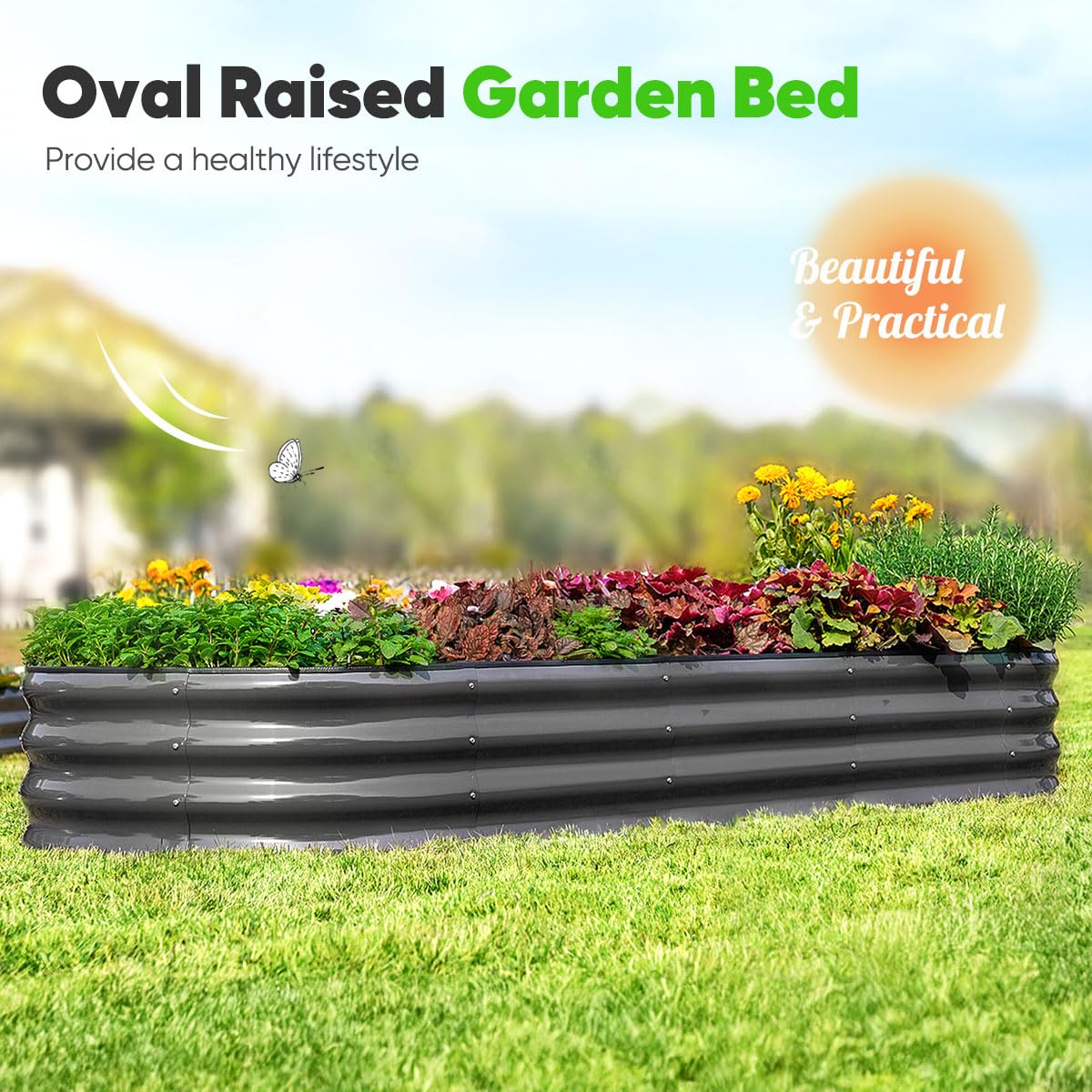 Quictent Galvanized Raised Garden Bed Kit with Self Watering System and Mesh Cover, Large Oval Metal Outdoor Planter Garden Boxes for Vegetables Herbs Flowers, 8x3x1Ft Quictent
