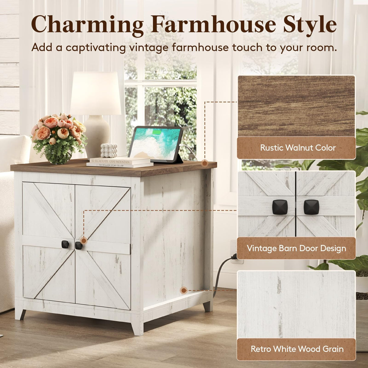 Lifewit Farmhouse End Table with Charging Station and USB Ports, 24" Large Tabletop Side Table with Double Barn Doors, Wood Square Nightstand for Living Room, Office, Bedroom, Rustic White Lifewit