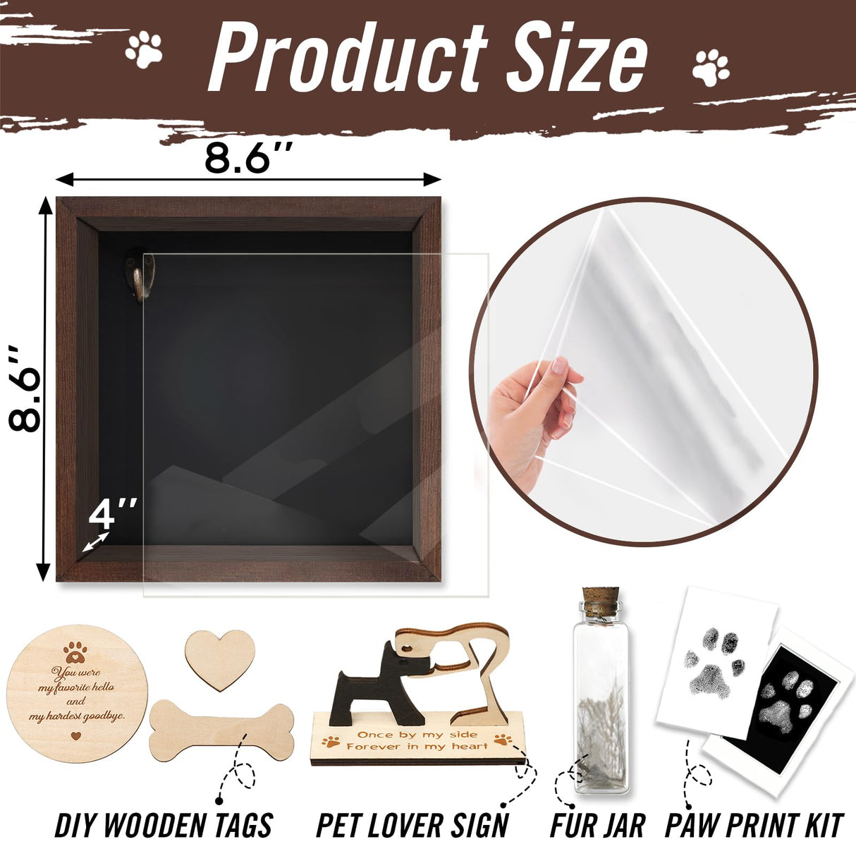 Pet Memorial Shadow Box for Dog Cat with Pet Paw Print Impression Kit, Dog Wood Picture Frame Memorial Gifts for Loss of Dog Pets Sympathy Gift PIPIONE