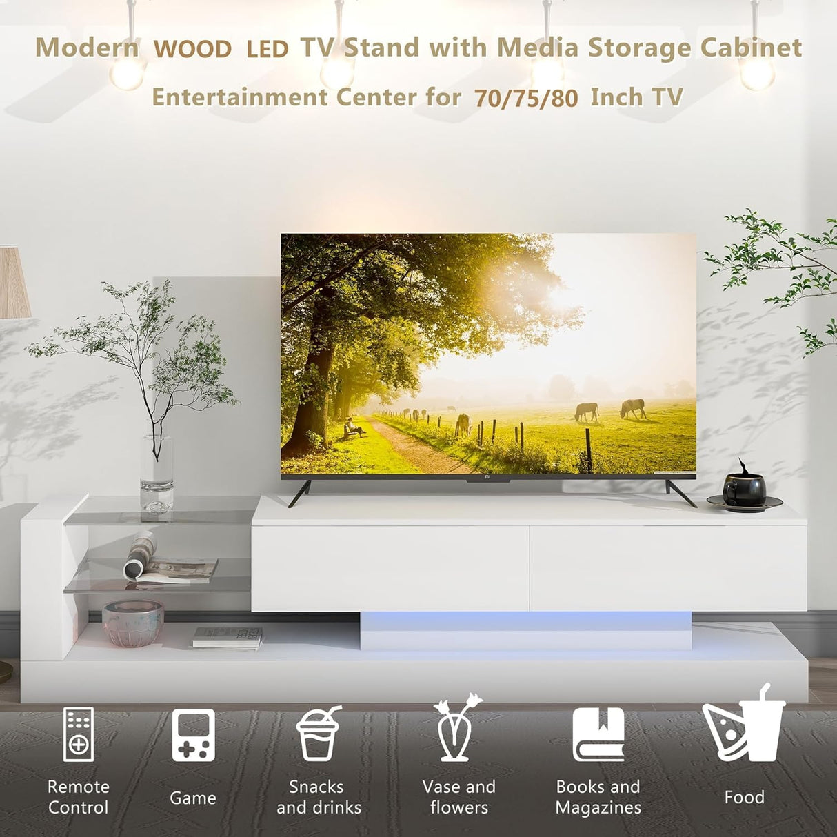 BAMACAR Modern TV Stand for 80 Inch TV, White Led Light Entertainment Center with Storage, 80 75 70 Inch TV Stands for Living Room BAMACAR