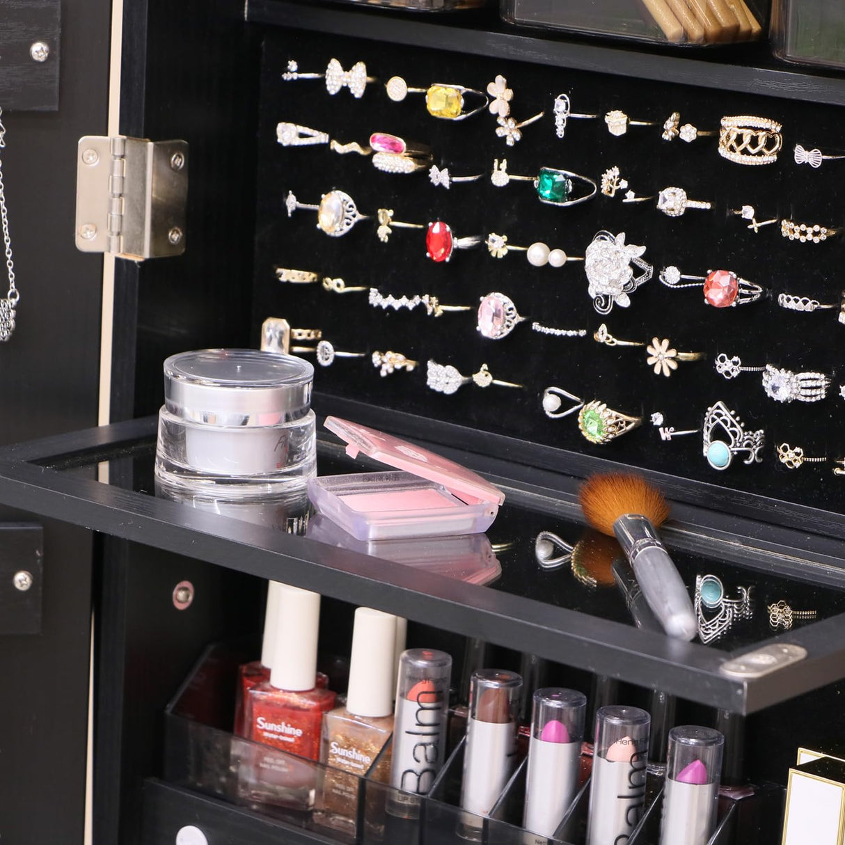 MASMIRE Jewelry Cabinet with Mirror,Full Length Mirror Large Capacity Jewelry Organizer Armoire,Floor Standing Mirror with Back Storage Shelves for Bedroom Black MASMIRE