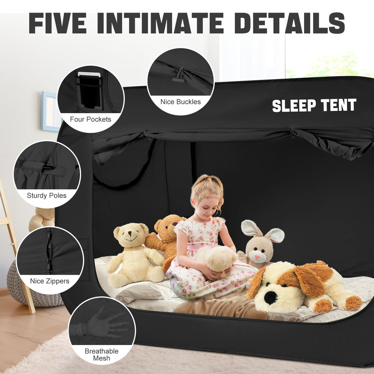 BORNA Bed Canopy Bed Tent Dream Tents Autism Shelter Cabin Indoor Sleeping Tents Privacy Warm Breathable Pop Up Twin Size Double Door with Mosquito Mesh Window for Kids and Adult (Black) BORNA