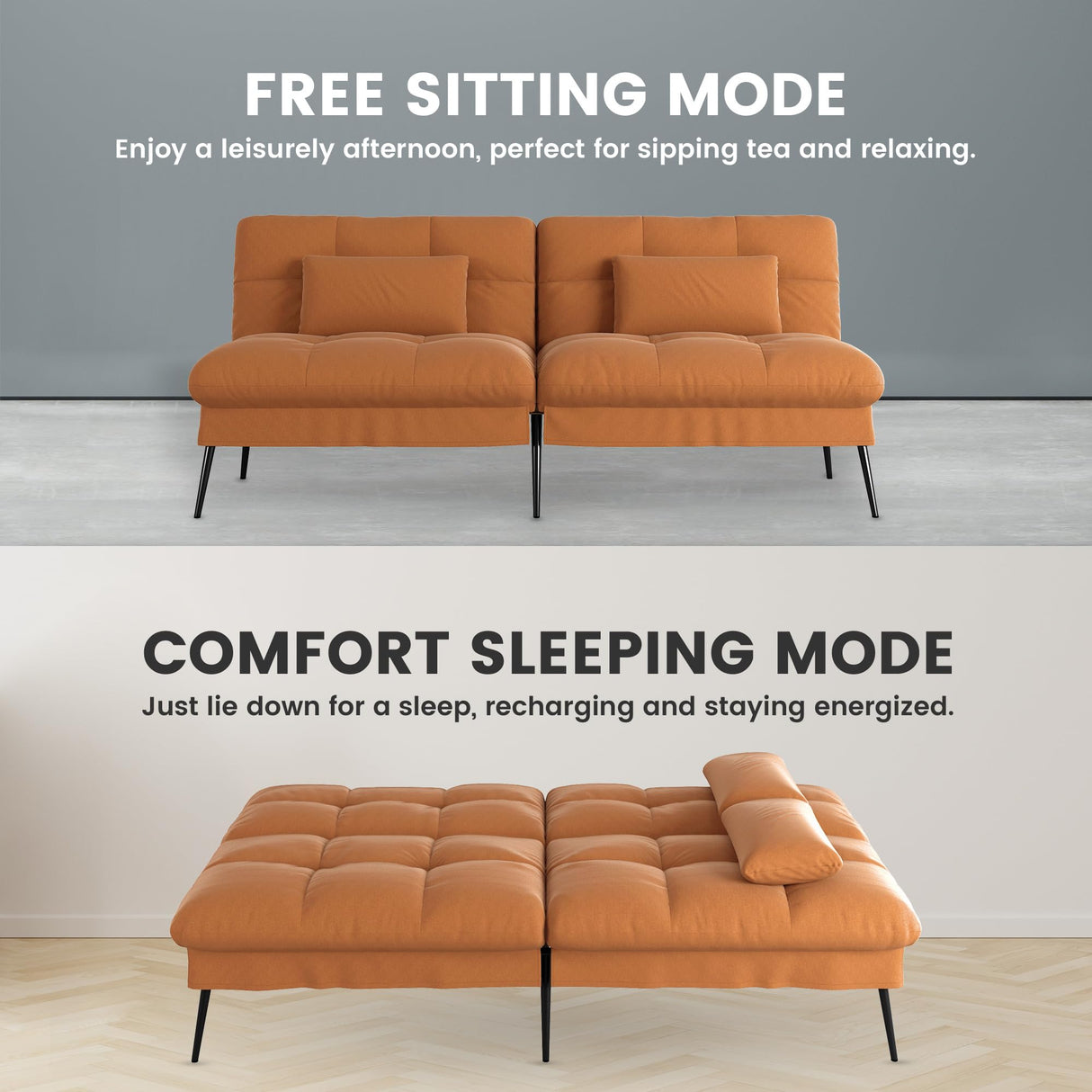 COMHOMA Convertible Futon Sofa Bed, 72″Fabric Futon Couch with Adjustable Backrest, Folding Sleeper Recliner for Living Room Furniture (Orange) COMHOMA