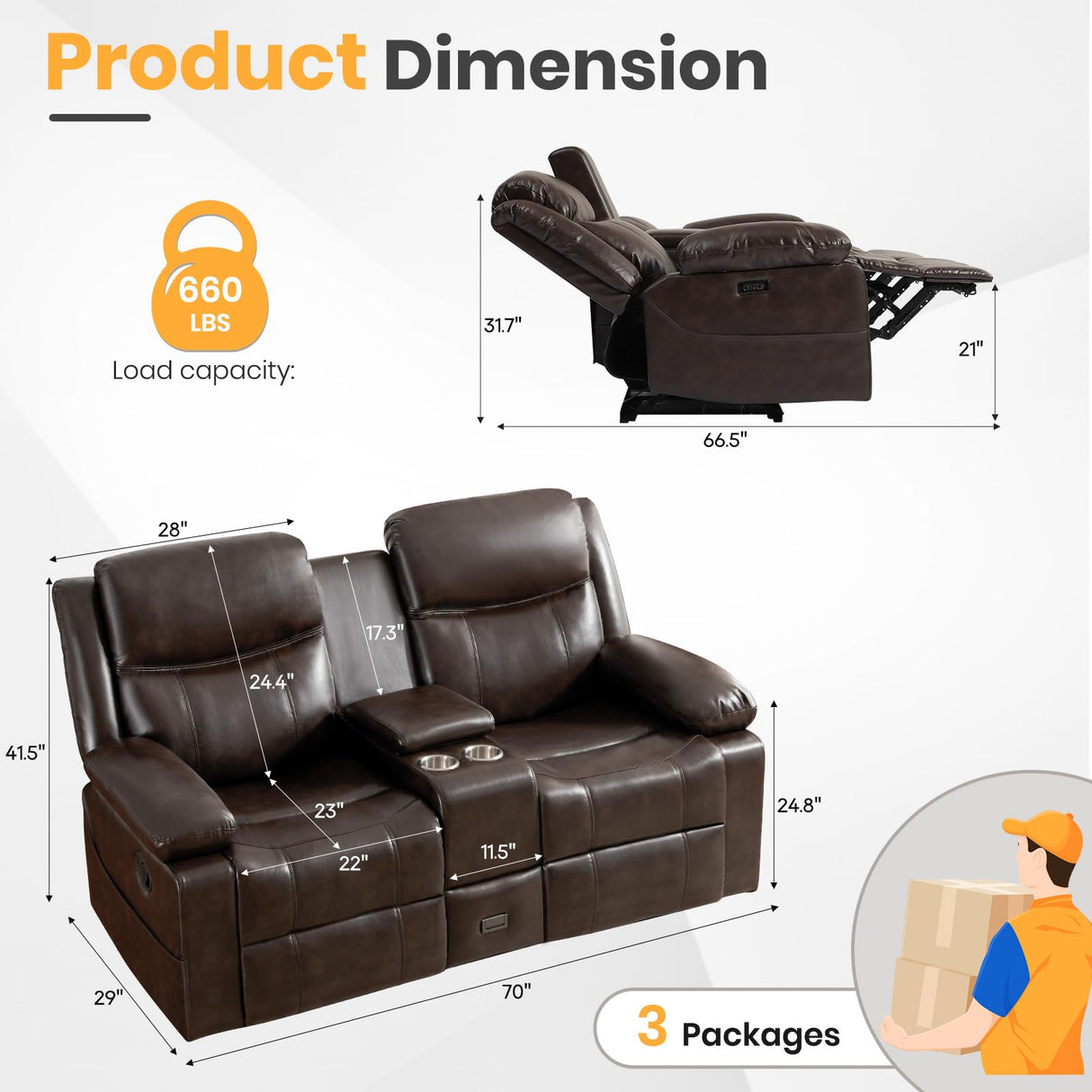 RIHEREFY Loveseat Recliner Sofa with Massage & Heating, Reclining Loveseat with Console, RV Wall Hugger Double Loveseat Recliner Couch for Living Room & Home Theater (Brown) RIHEREFY