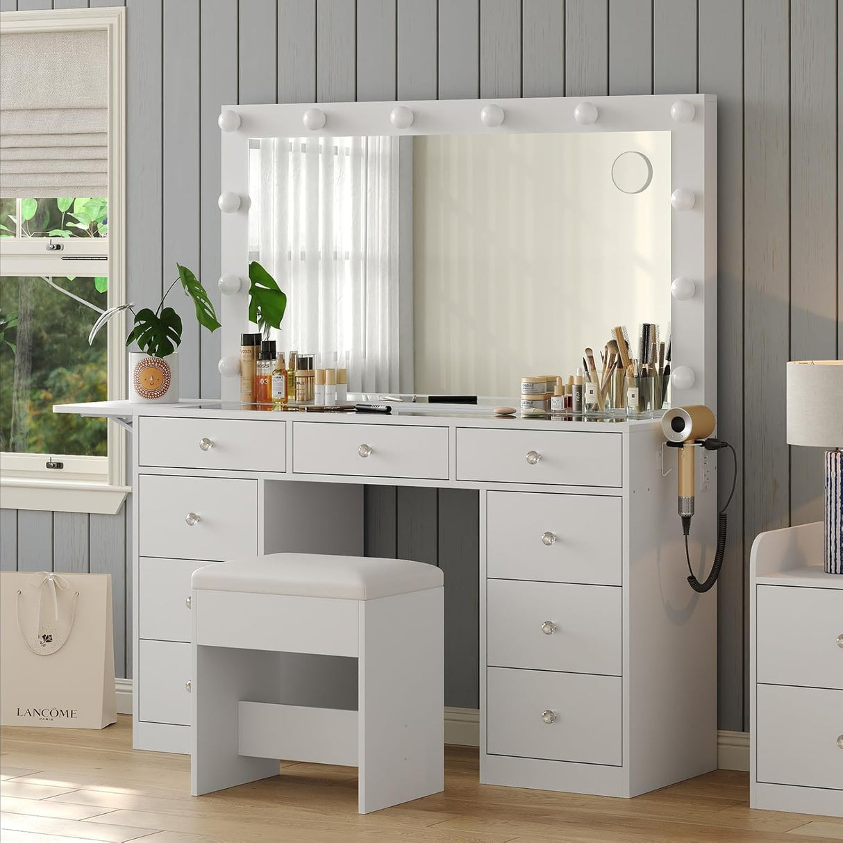 Vanity Desk with Power Outlet, 9 Drawers Makeup Vanity with Mirror and 12 LED Lights, 3 Lighting Modes, Glass Top Vanity Set, Fold-up Panel, Dressing Table for Bedroom FUSOU