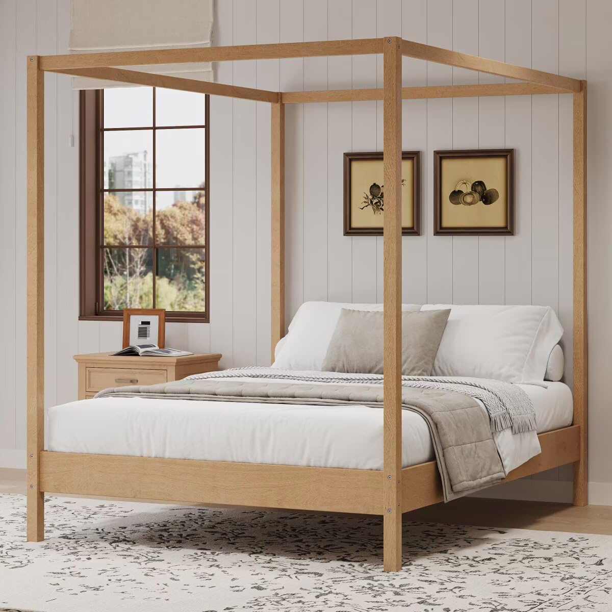 JIJIWANG Solid Wood King Size Canopy Bed Frame Four Poster Platform Bed with Slats Support, No Box Spring Needed, Natural JIJIWANG