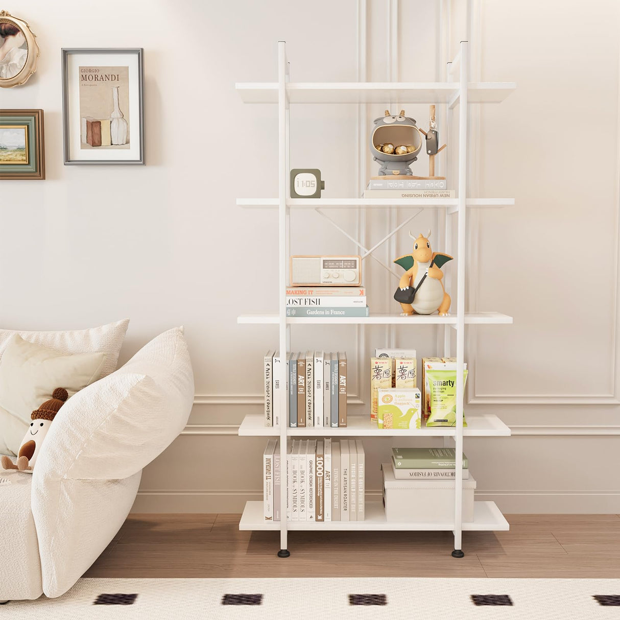 Azheruol 5-Tier Modern White Wooden Bookshelf - Versatile Open Storage Bookcase for Home Office and Study Azheruol