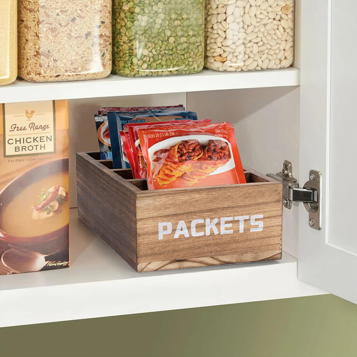 BSTKEY Seasoning Packet Organizer, Food Packet Storage Organizer with 4 Compartments, Wooden Storage Caddy for Kitchen Pantry Cabinet, Farmhouse Kitchen Organization Bins for Snacks Spice Packets BSTKEY