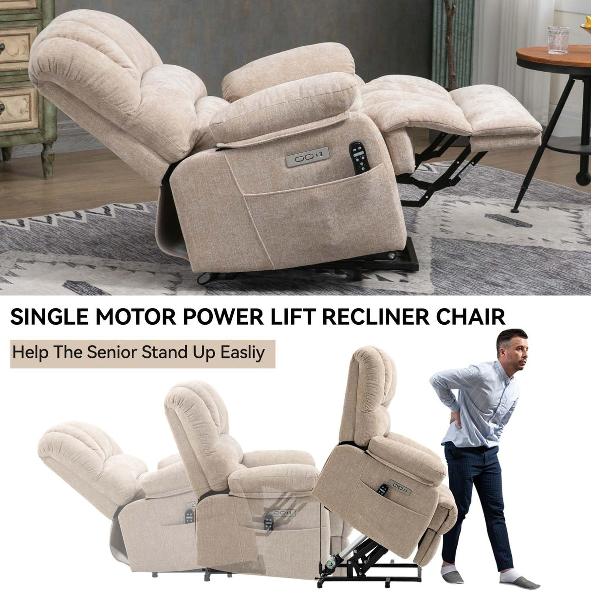 Large Power Lift Recliner Chairs with Massage and Heat for Elderly, Heavy Duty and Safety Motion Reclining Mechanism Chenille Skid Fabric Recliner Chair with USB Ports for Living Room (Beige) MTSVMP