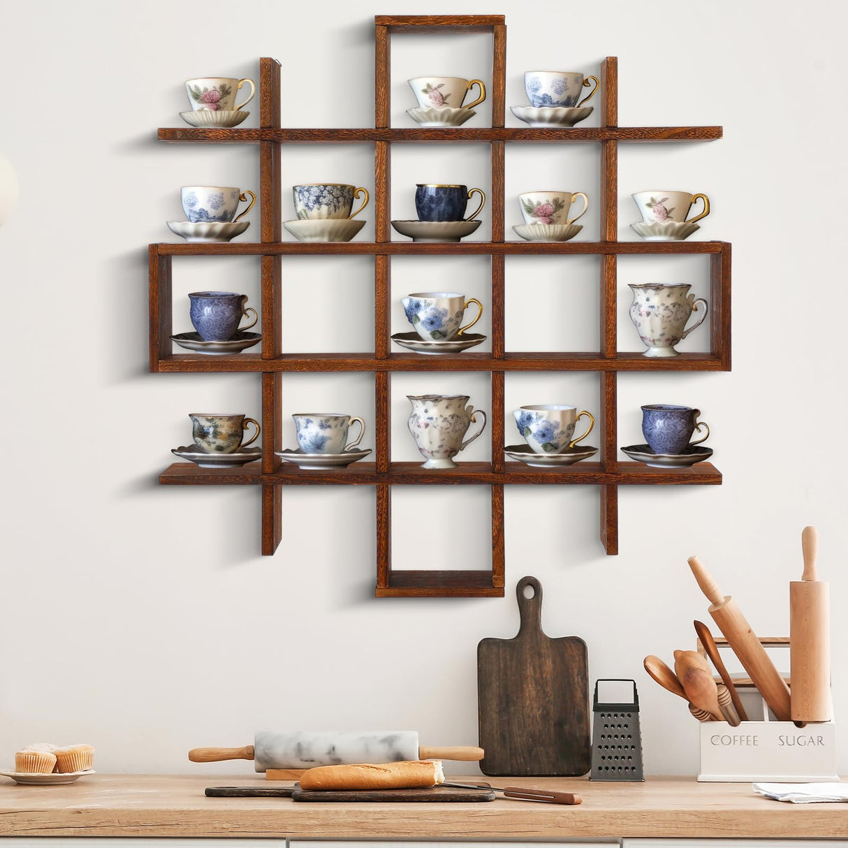 Suzile Oversize Tea Cup and Saucer Display Rack Rustic Brown Wooden Display Shelves Rustic Wooden Floating Curio Shelf Travel Wall Mounted Tea Cup and Saucer Rack Holder Shadow Box Shelf Suzile