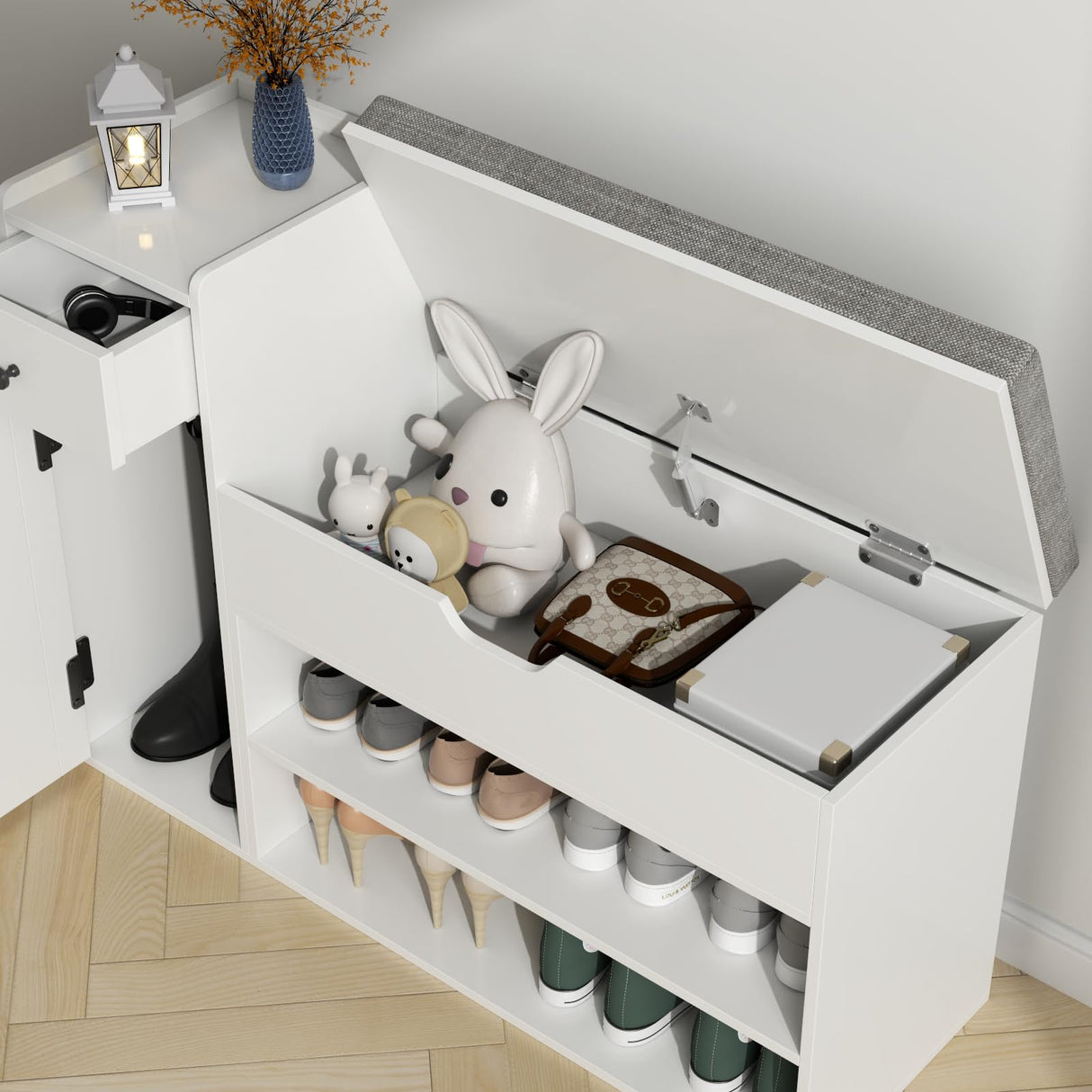 Gyfimoie Shoe Storage Bench, Farmhouse Entryway Bench with Drawer, 2-Tier Shoe Bench with Seat Cushion & Lift Top Storage Box, Slim Shoe Cabinet Bench for Entryway, Living Room, Bedroom (White) Gyfimoie